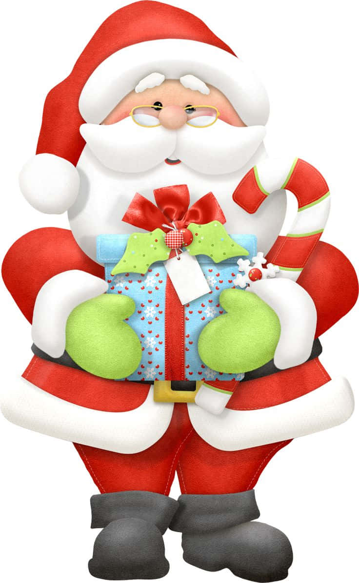 Santa Claus 桌布 壁紙 — 身穿紅色西裝的聖誕老人拿著一個用紅色蝴蝶結和綠色冬青包裹的藍色禮物。