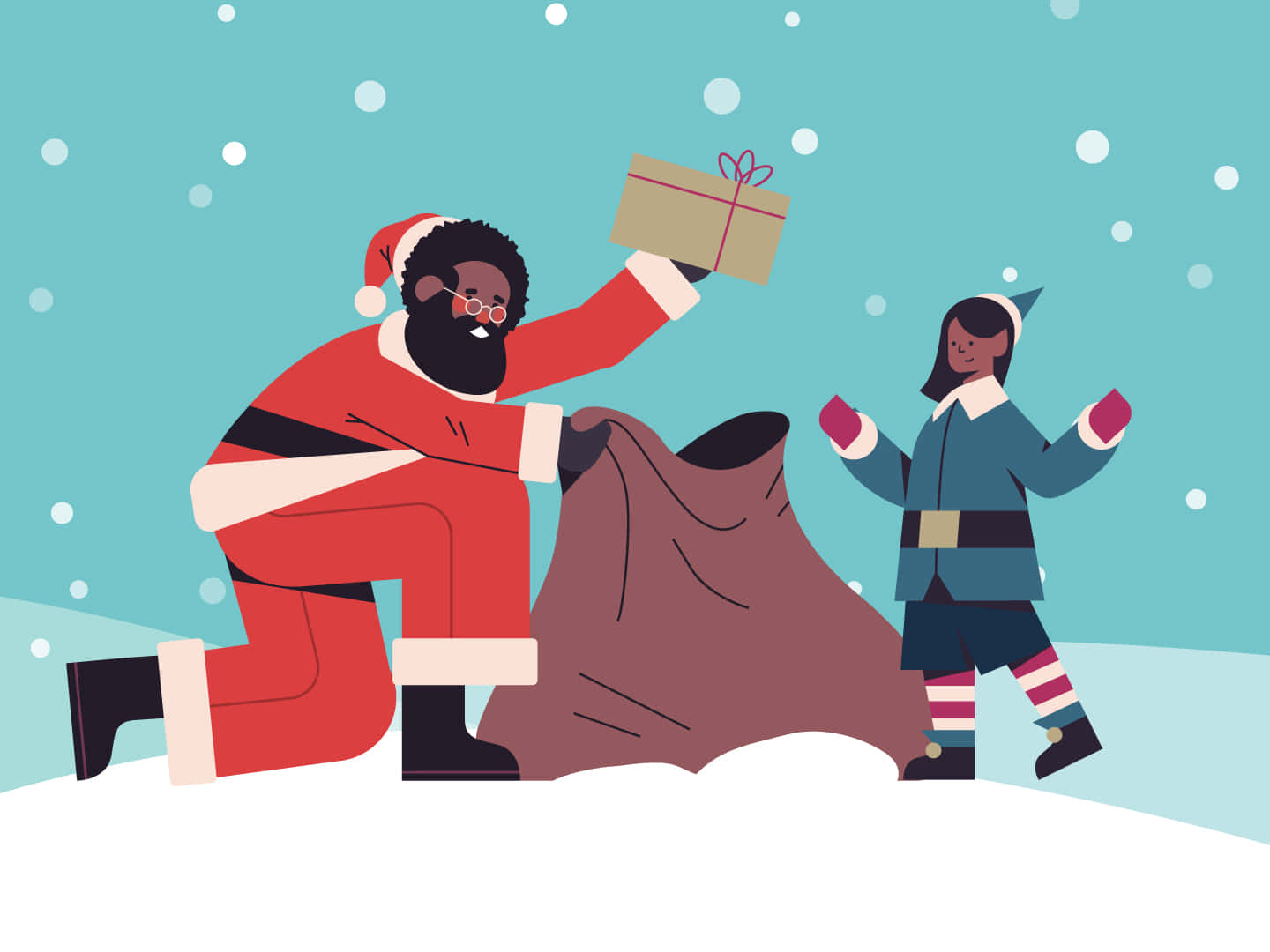 聖誕樹動畫 桌布 壁紙 — 身穿紅色西裝的聖誕老人跪在雪地上，將禮物遞給一個微笑的精靈，旁邊有一個大袋子。