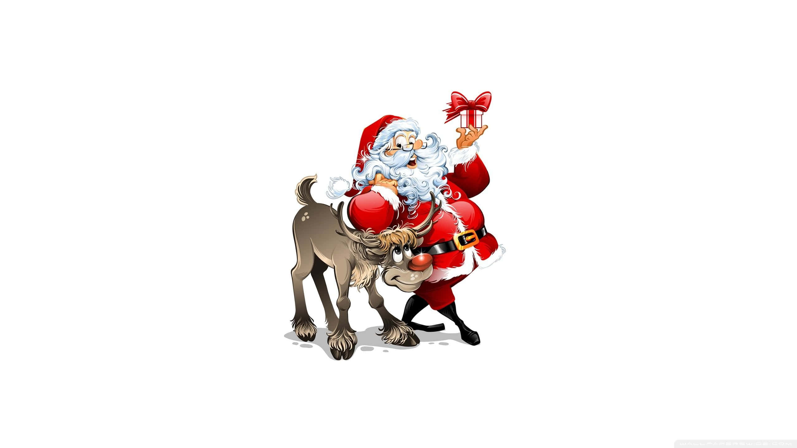 Santa Claus 桌布 壁紙 — 身穿紅色西裝的聖誕老人騎著馴鹿，在純白背景上拿著禮物。