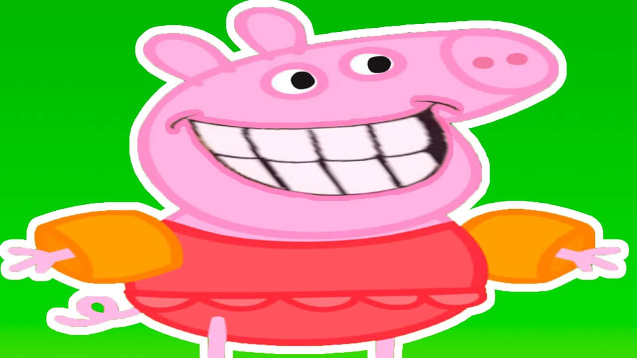 Peppa Pig Funny 桌布 壁紙 — 身穿紅色連衣裙和橙色臂圈的Peppa Pig卡通角色在亮綠色背景前燦爛微笑。