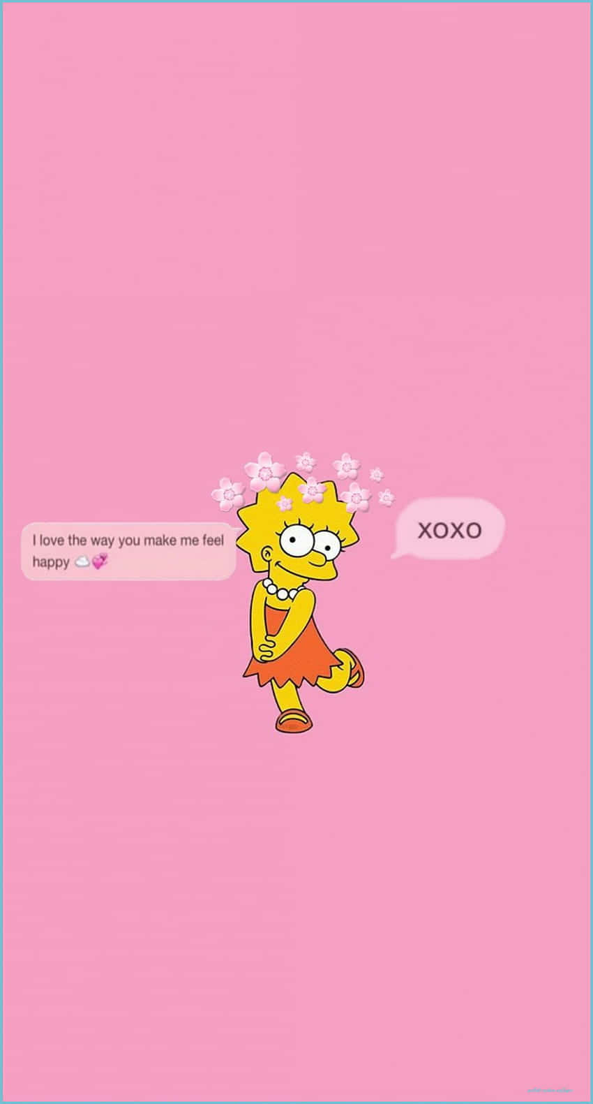 lisa 桌布 壁紙 — 身穿紅色連衣裙的麗莎·辛普森微笑著，周圍有漂浮的花朵，對話框寫著「我喜歡你讓我感到快樂的方式」和「XOXO」，背景是柔和的粉紅色。