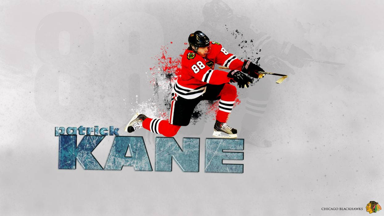 Blackhawks 桌布 壁紙 — 身穿紅色黑鷹隊球衣的冰球選手 Patrick Kane 在紋理灰色背景上動態滑冰，帶有油漆飛濺效果。