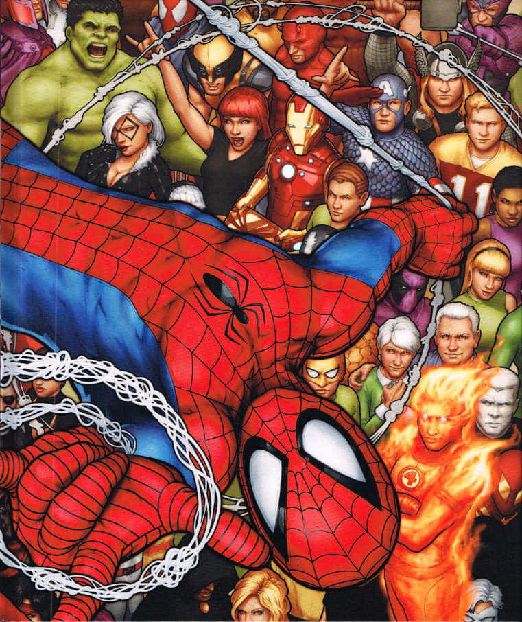 Web-slinging 桌布 壁紙 — 身穿紅藍戰衣的蜘蛛人在一個充滿動感的漫畫面板中佔據主導地位，周圍環繞著各種超級英雄和反派。