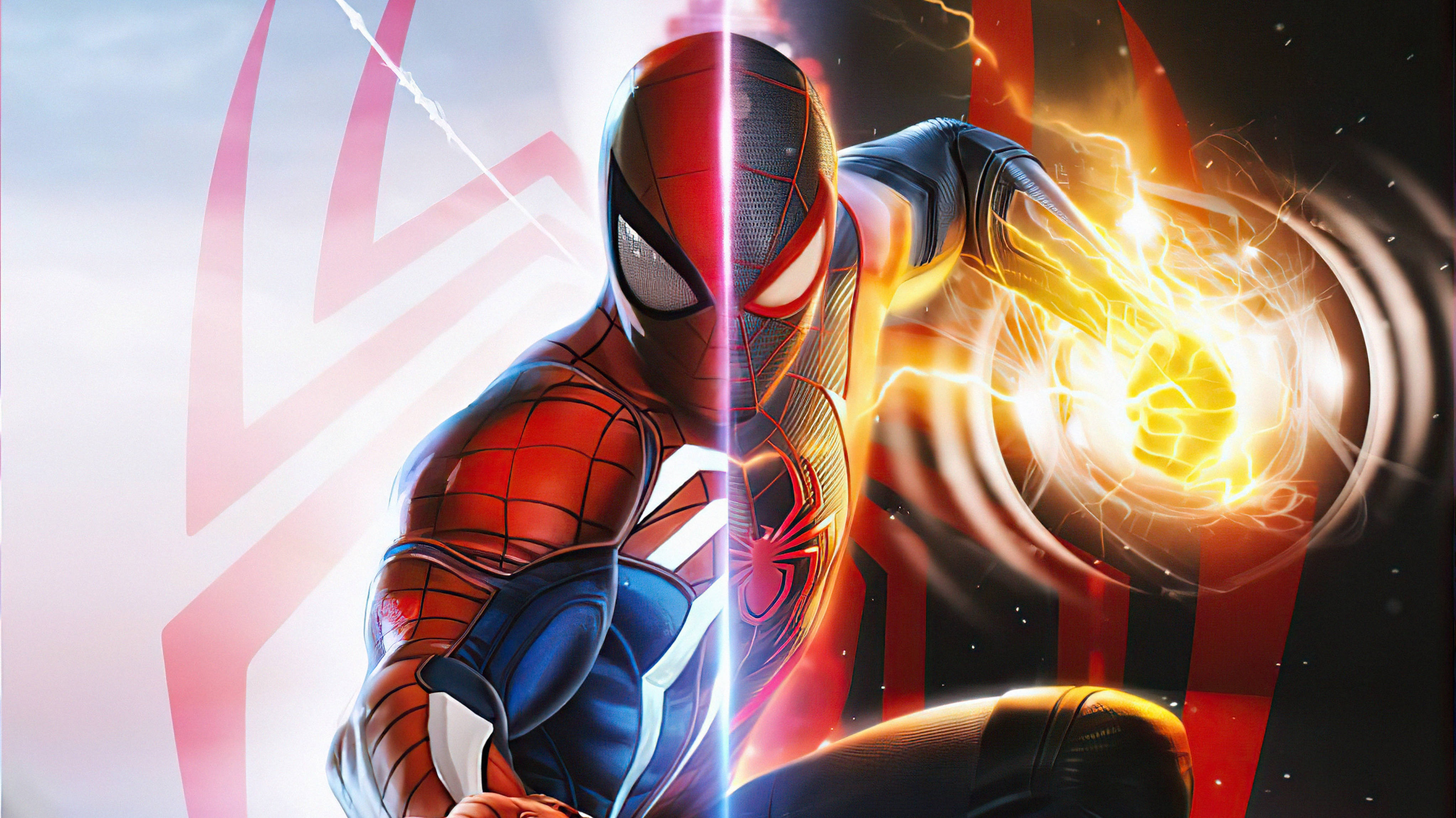 4K Marvel 壁紙 桌布 壁紙 — 身穿紅藍戰衣的蜘蛛人在宇宙背景下，拳頭周圍閃電劈啪作響，引導發光能量。