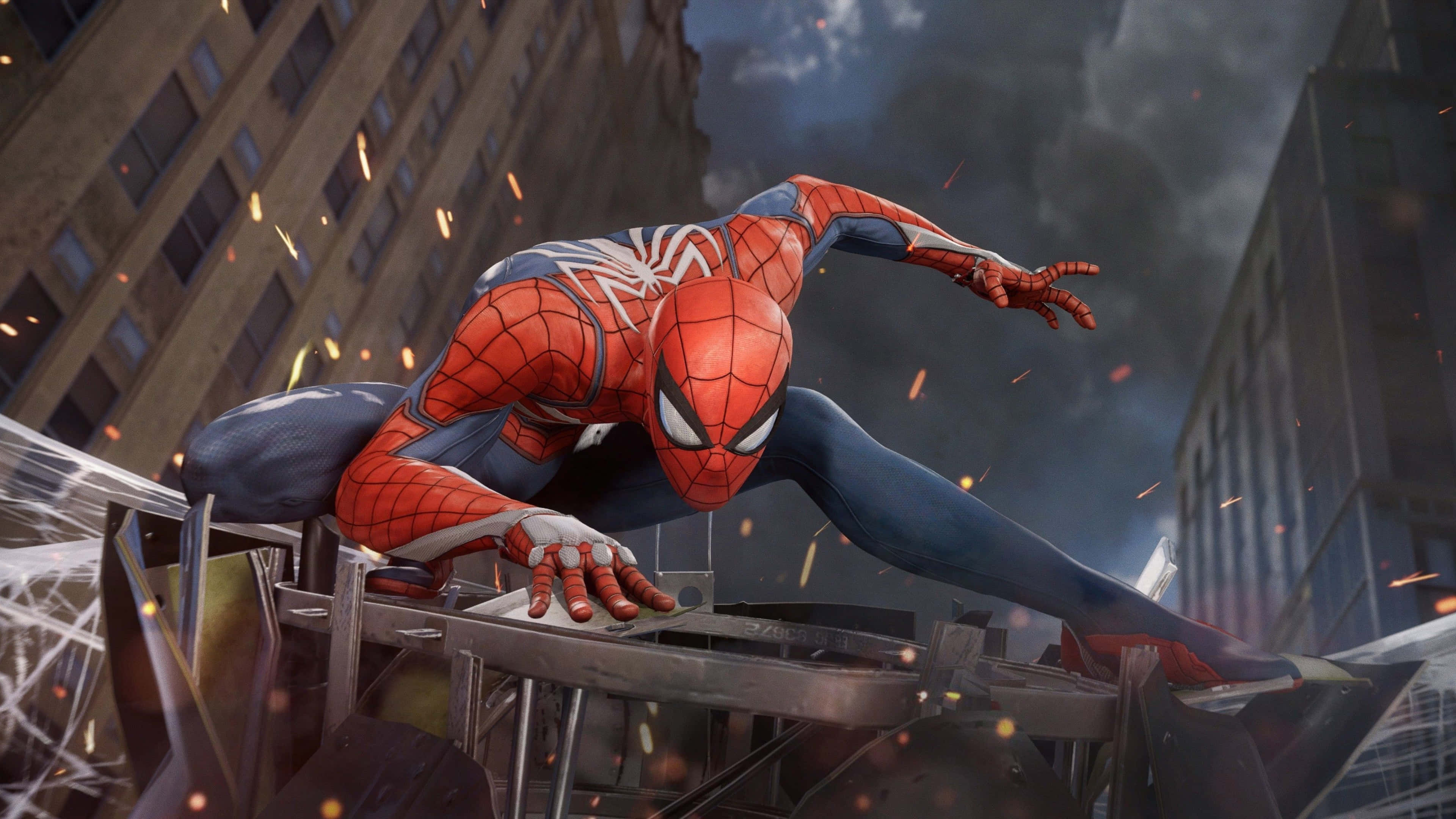 4K Marvel 壁紙 桌布 壁紙 — 身穿紅藍戰衣的蜘蛛人在火花四濺、摩天大樓聳立的 gritty 都市峽谷中動態擺盪。