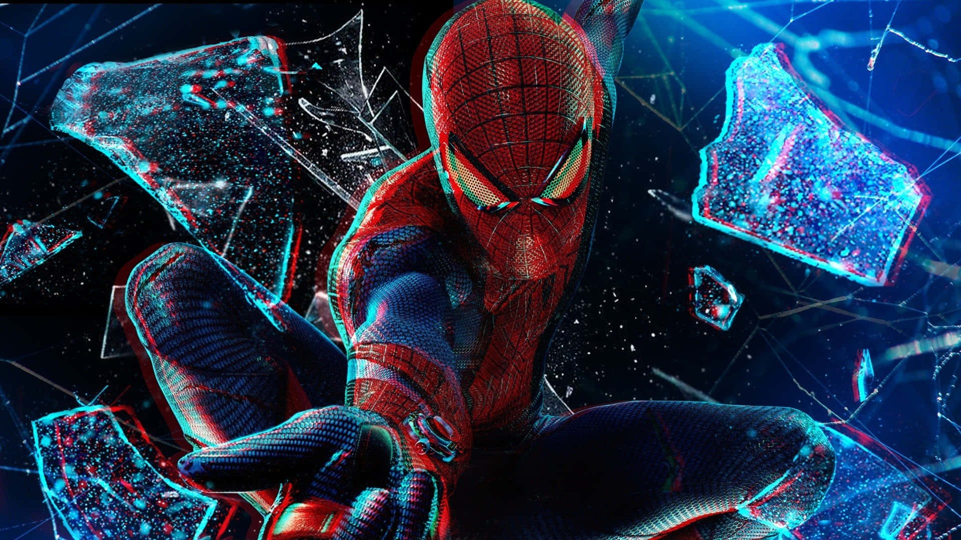 Spider Man Cool 桌布 壁紙 — 身穿紅藍戰衣的蜘蛛人用動態數位故障效果擊碎玻璃衝出。