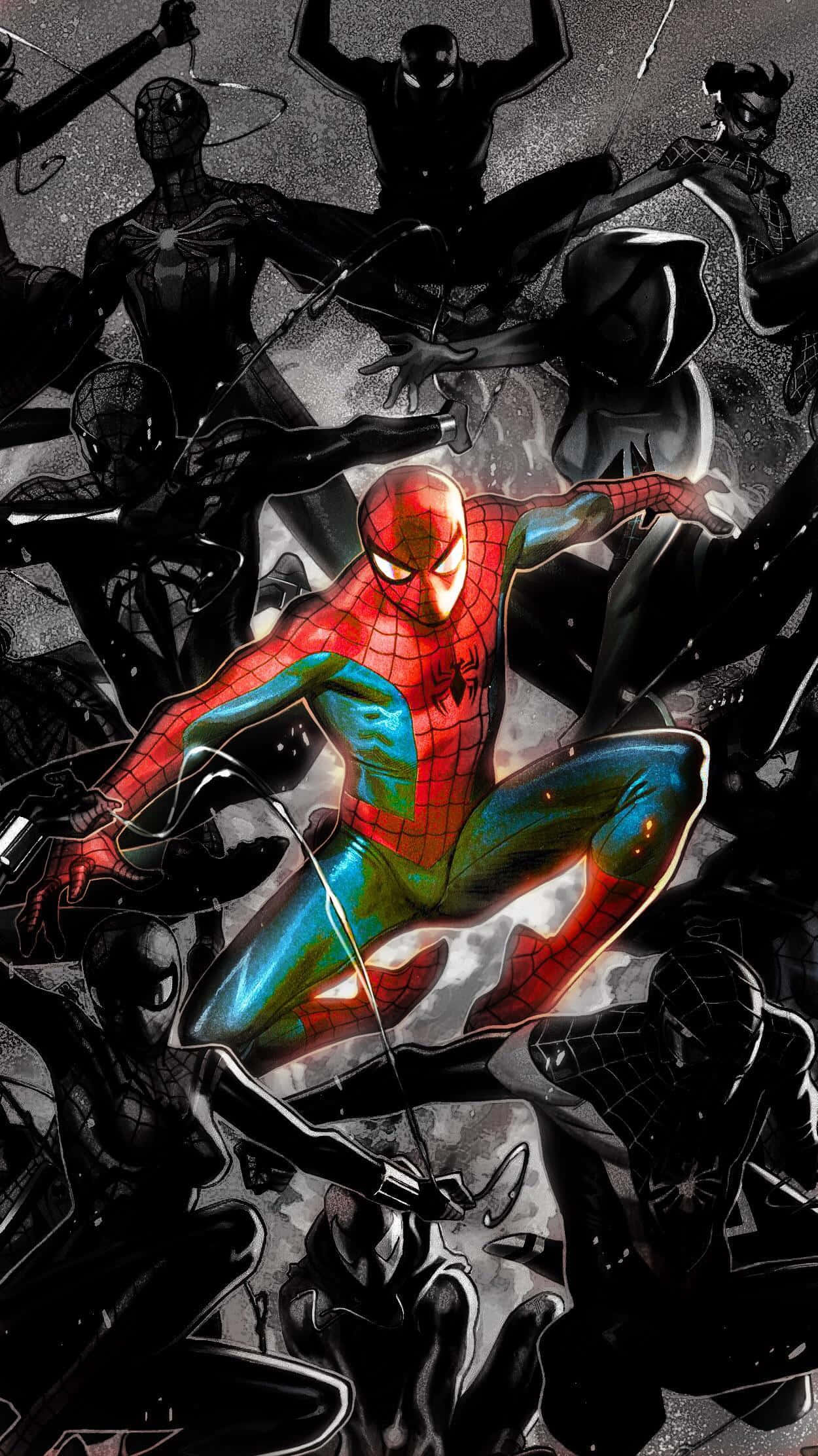 Spider-geddon 桌布 壁紙 — 身穿紅藍戰衣的蜘蛛俠在粗糙的灰色背景上動態跳躍，被多個身穿黑色戰衣的蜘蛛俠變體包圍。