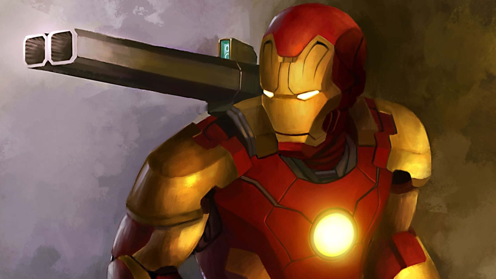 Iron Man Weapons 桌布 壁紙 — 身穿紅金戰甲的鋼鐵人，在煙霧瀰漫的灰色背景前，肩上扛著一個大炮。