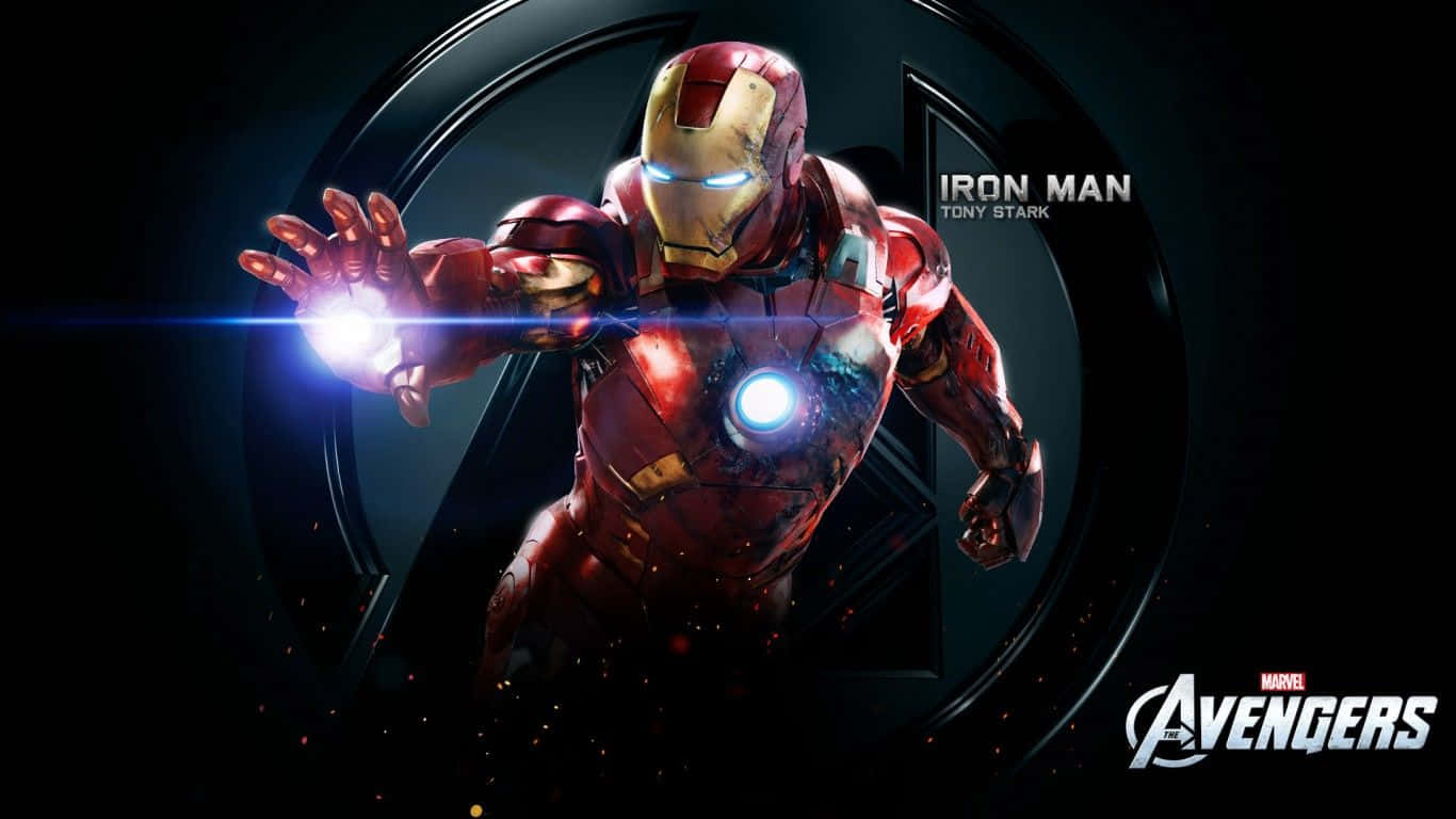 Iron Man Movies 桌布 壁紙 — 身穿紅金戰甲的鋼鐵人伸出手，在黑暗的復仇者聯盟標誌背景下發射出明亮的藍色斥力炮光束。