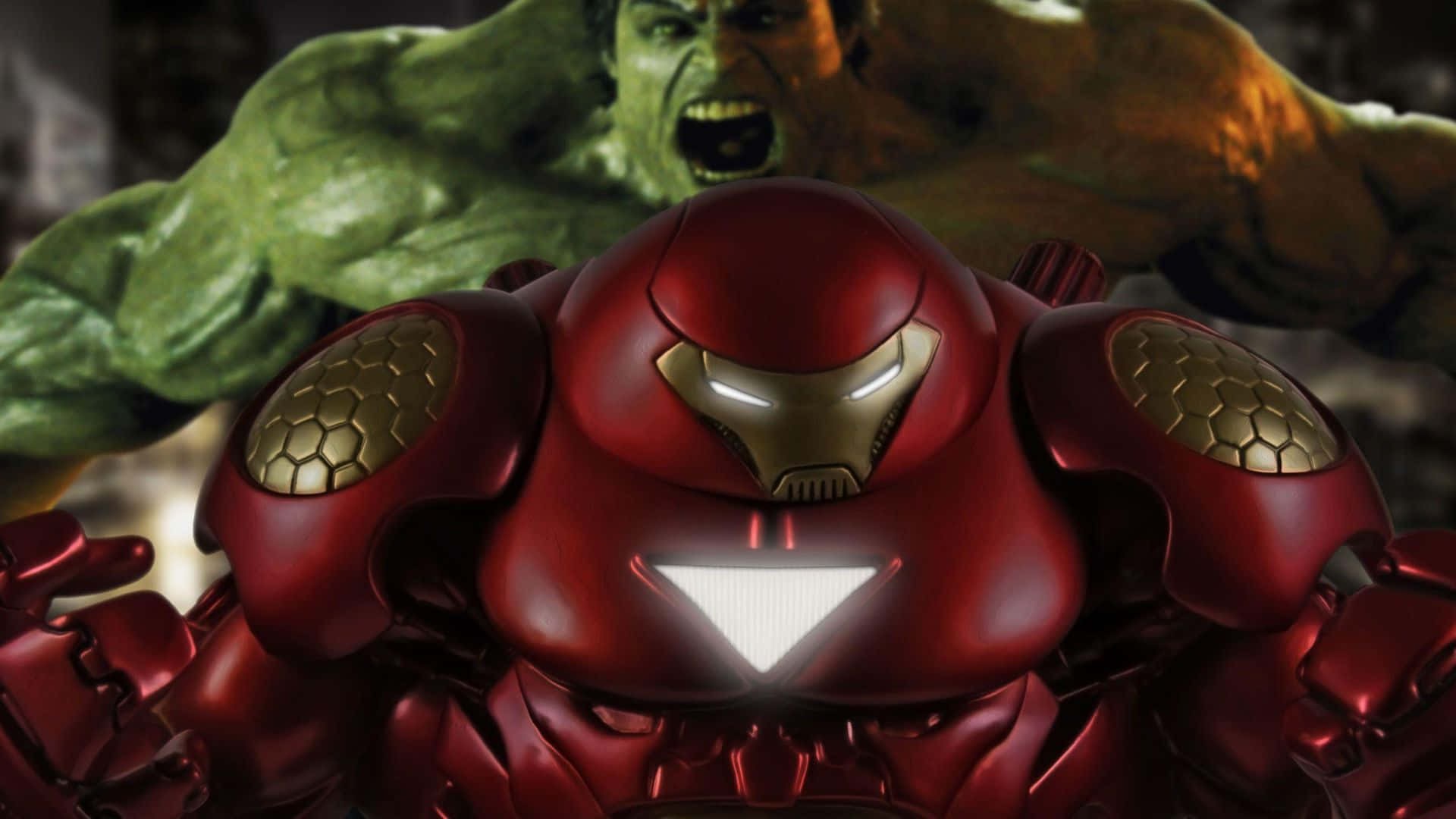 Iron Man Vs Hulk 桌布 壁紙 — 身穿紅金戰甲的鋼鐵人與咆哮的綠色浩克展開一場戲劇性的電影對決。