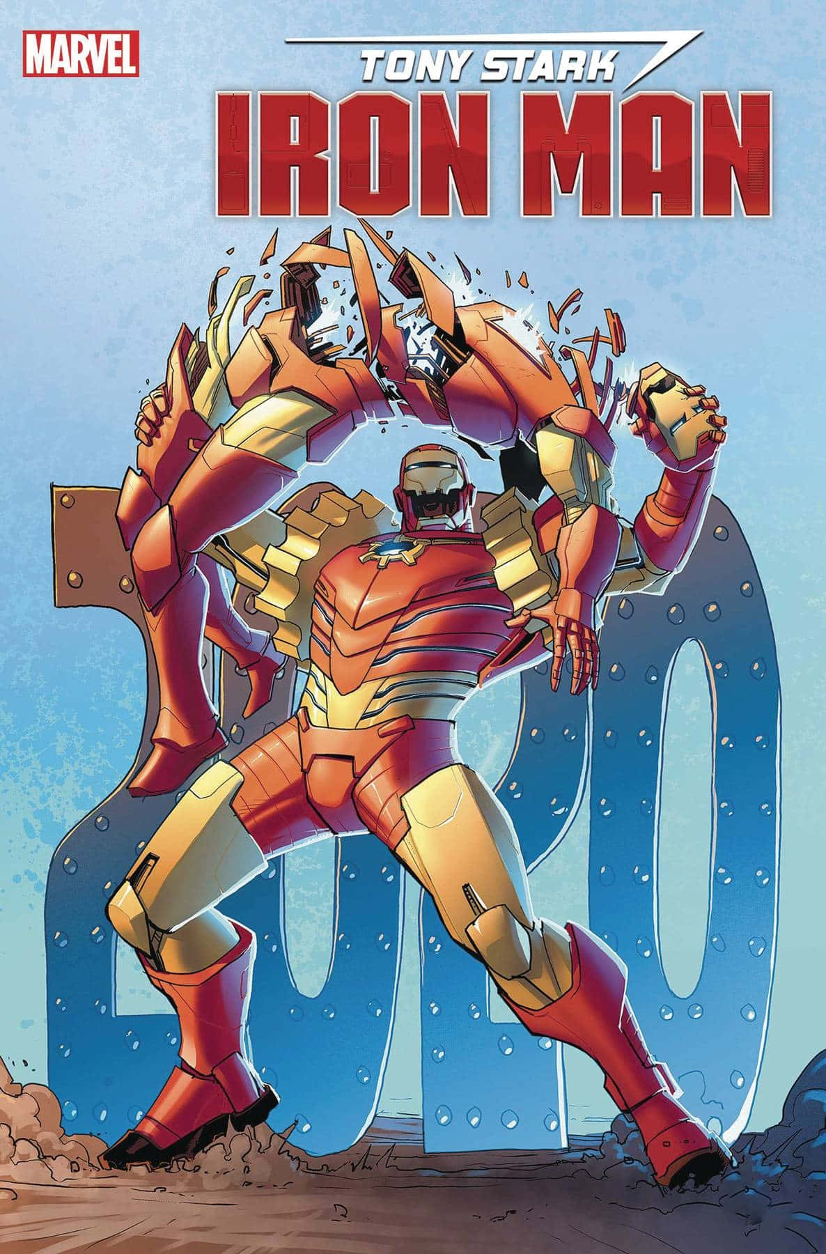 Iron Man Comics 桌布 壁紙 — 身穿紅金戰甲的鋼鐵人衝破一個巨大的藍色零字，碎片四散飛舞。
