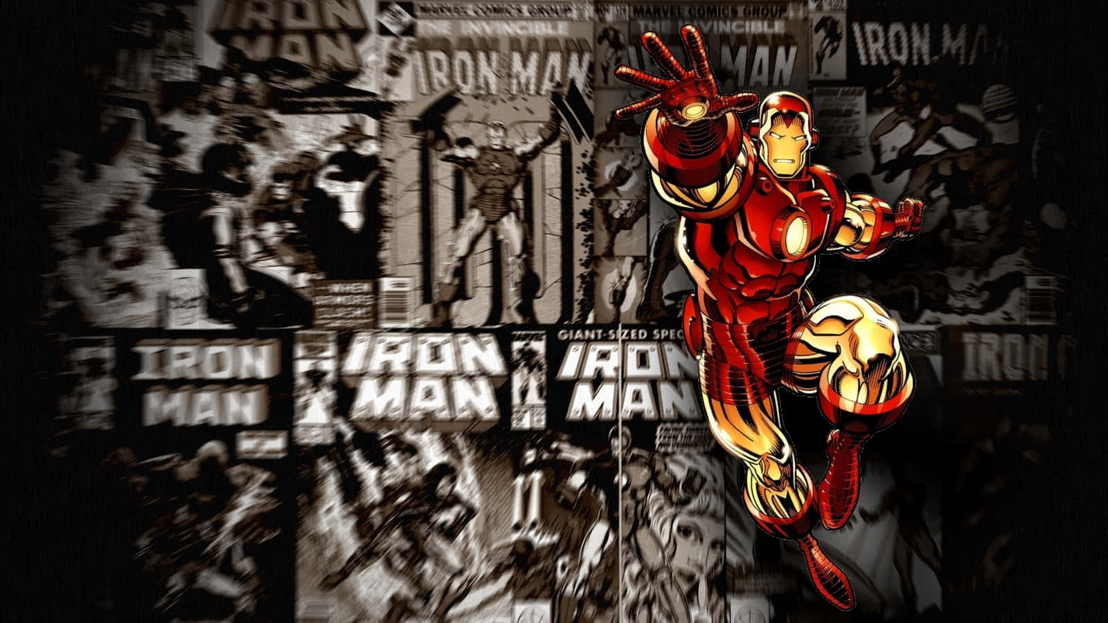 Iron Man Comics 桌布 壁紙 — 身穿紅金盔甲的鋼鐵人在黑白漫畫面板背景下向前飛行。