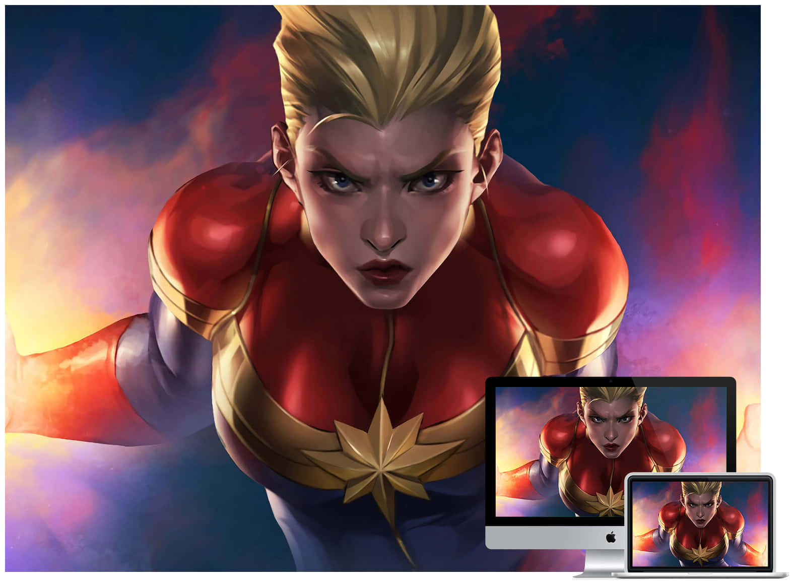 Captain Marvel Comic 桌布 壁紙 — 身穿紅金藍色戰衣的驚奇隊長，在熾熱的宇宙背景下，她的圖像顯示在兩台電腦上，她正凝視著前方。