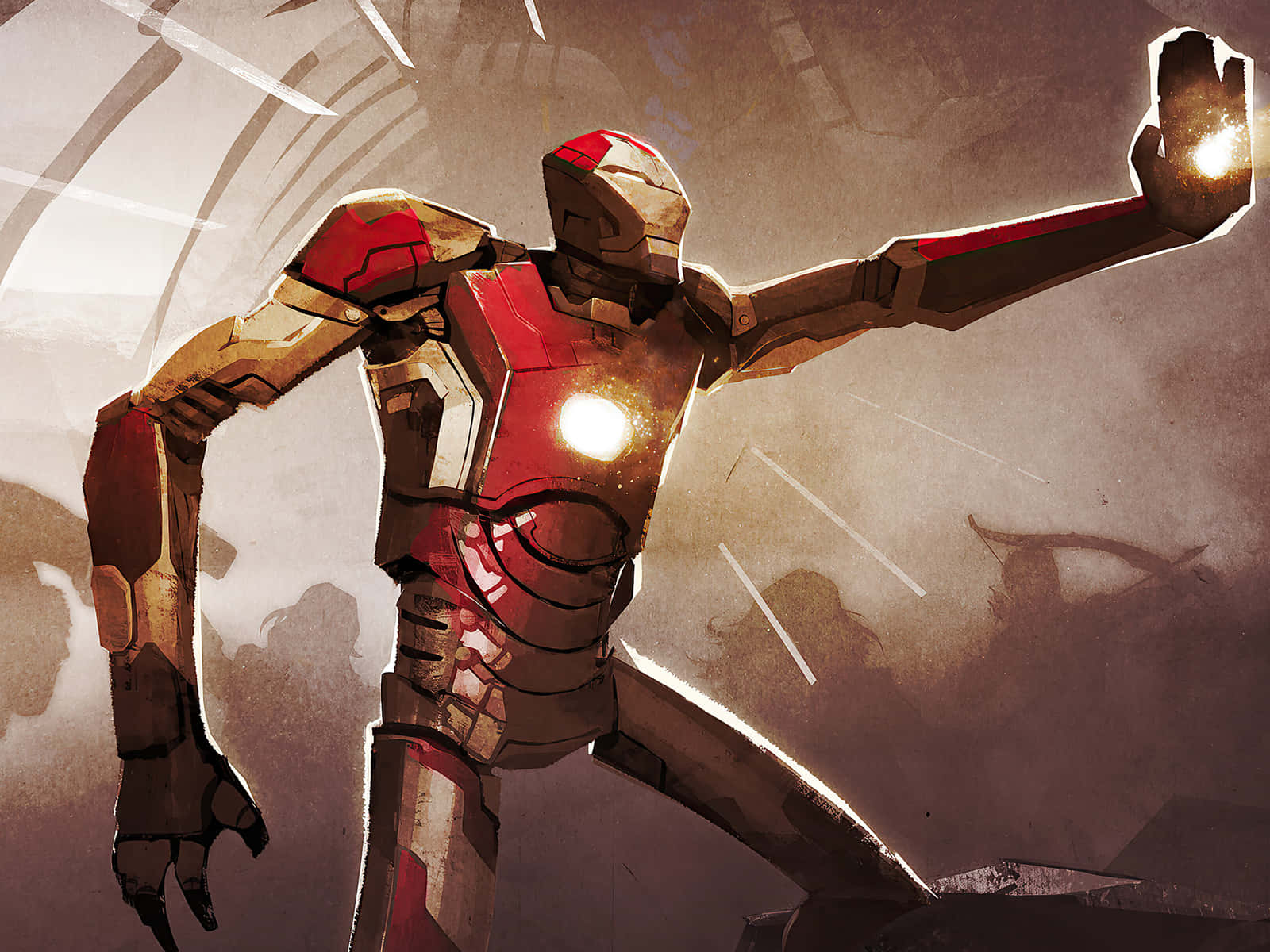 Iron Man Fan Art 桌布 壁紙 — 身穿紅金裝甲的鋼鐵人，在煙霧瀰漫的戰場背景下，英雄般地伸出發光的斥力炮。