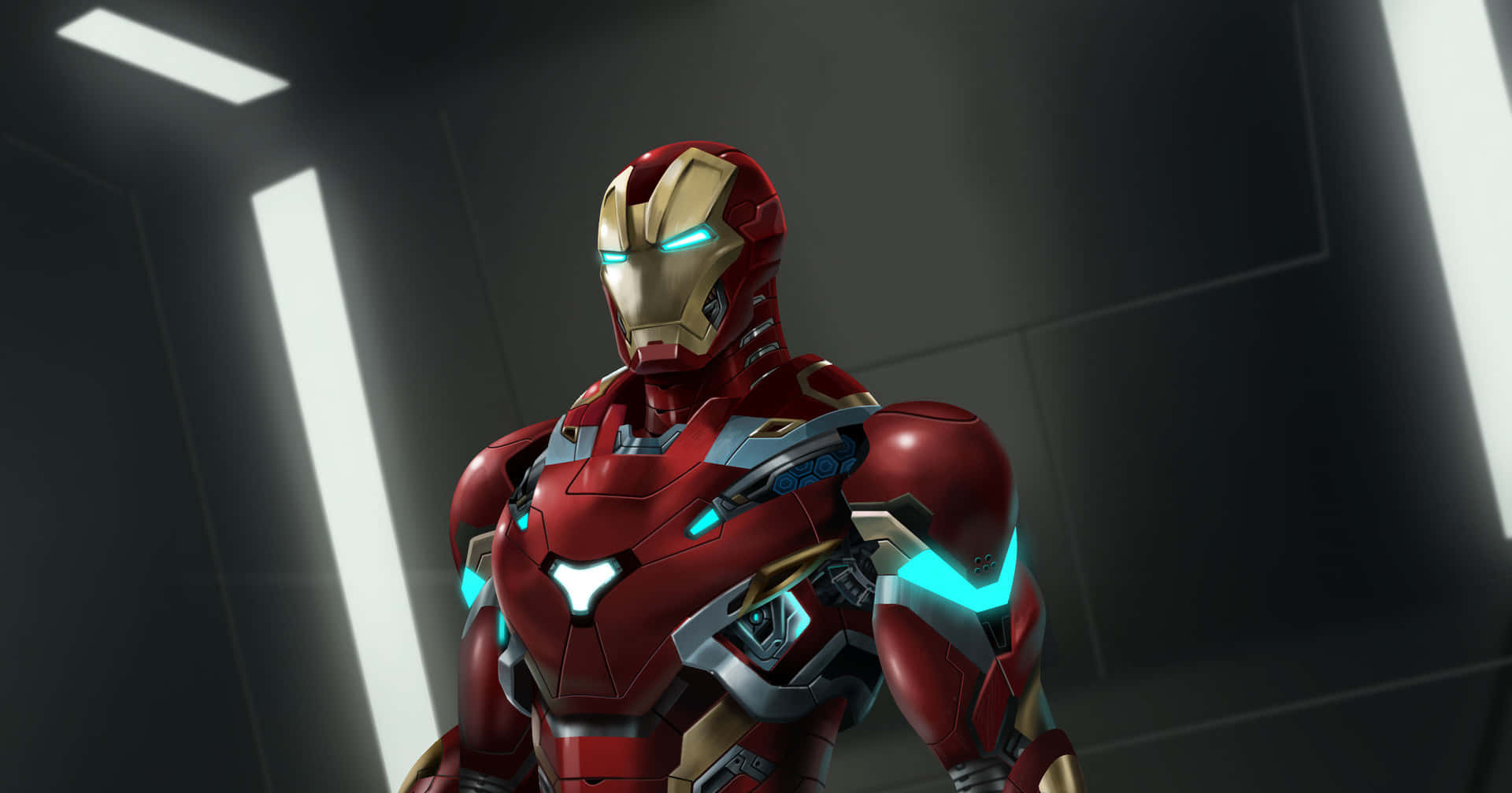 Superhero Movies 桌布 壁紙 — 身穿紅金裝甲的鋼鐵人站在昏暗的未來感房間中，散發著藍色光芒的眼睛和霓虹燈光。