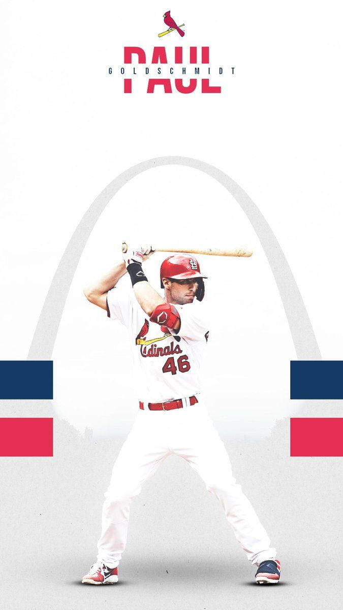 Paul Goldschmidt 桌布 壁紙 — 身穿紅雀隊球衣的棒球選手 Paul Goldschmidt 在極簡背景前揮棒，身後是聖路易斯拱門。