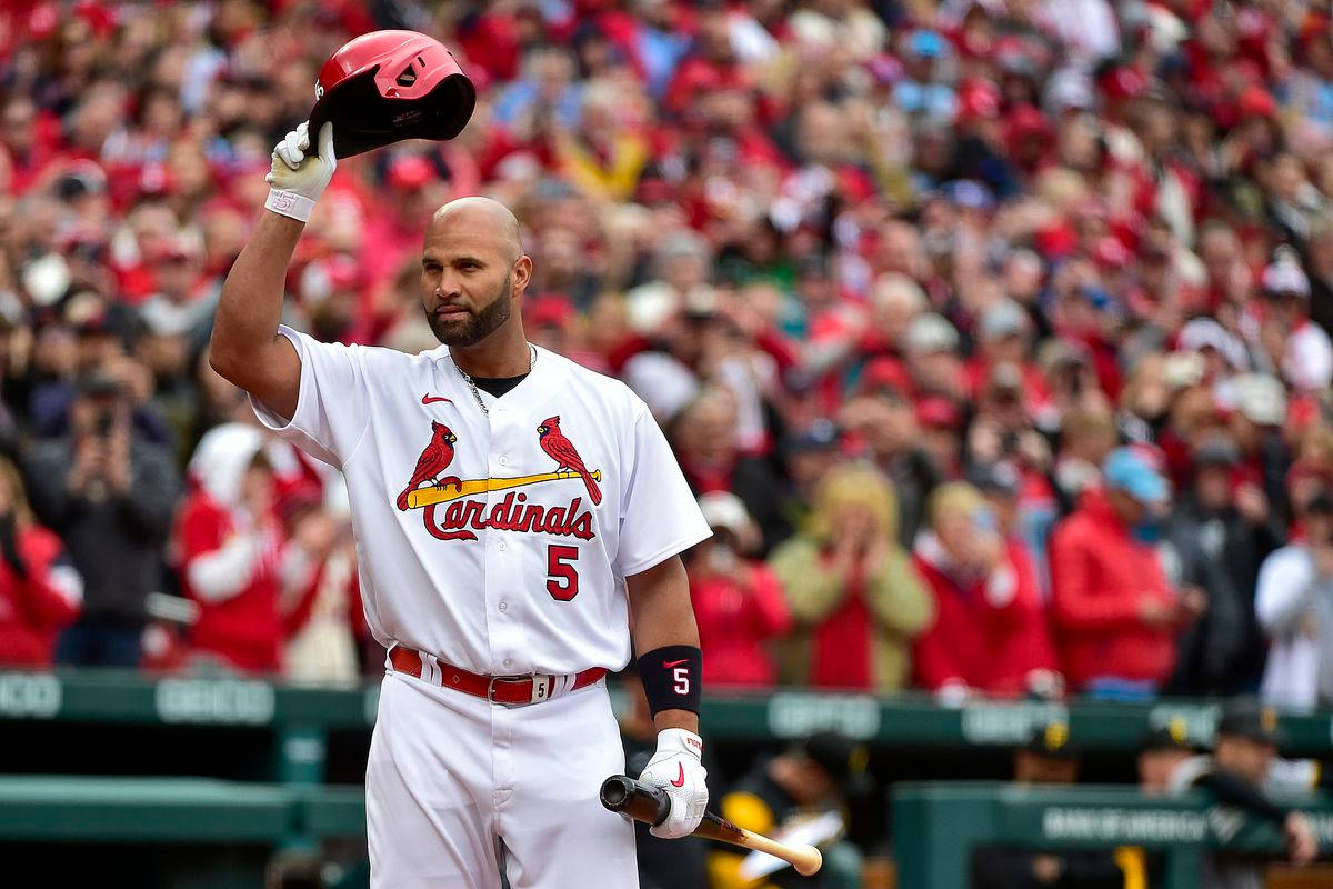 Cardinals 桌布 壁紙 — 身穿紅雀隊球衣的棒球選手在日間比賽中向人群舉起頭盔。