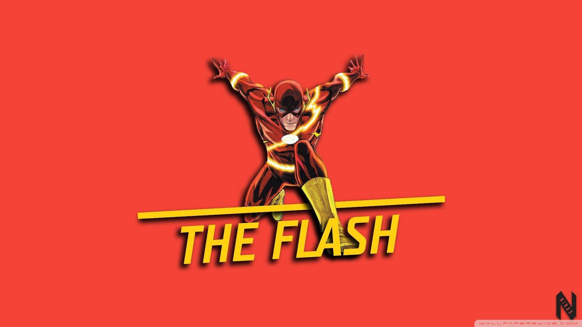 the flash 4K 桌布 壁紙 — 身穿紅黃色戰衣、帶有閃電標誌的超級英雄閃電俠，在純紅色背景上以粗體黃色標題文字動態站立。
