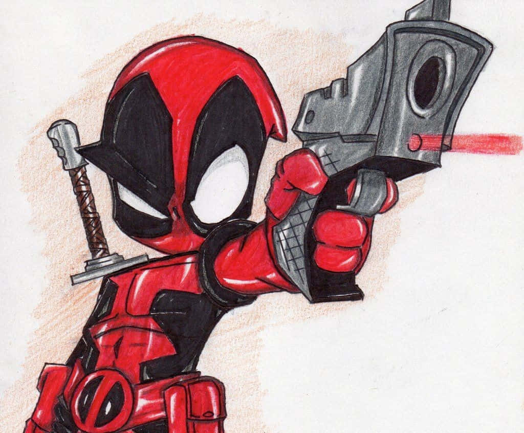 Deadpool Cartoon 桌布 壁紙 — 身穿紅黑戰衣的Q版死侍揮舞著一把未來感手槍，射出紅色雷射，背上還有一把劍。