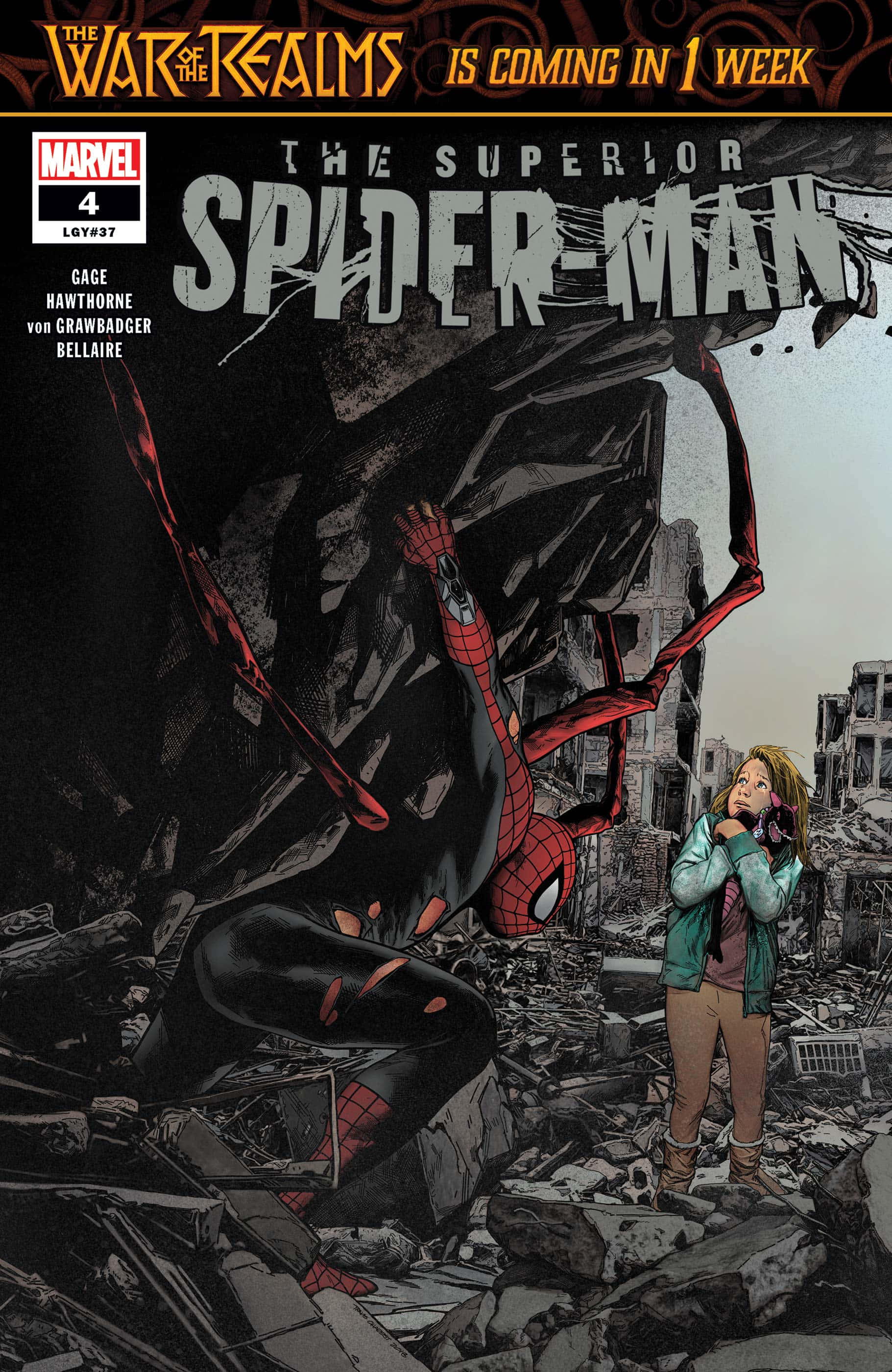 蜘蛛人 桌布 壁紙 — 身穿紅黑戰衣的Superior Spider-Man衝破瓦礫，一名身穿藍綠色外套的女子在廢墟城市景觀中敬畏地觀看。