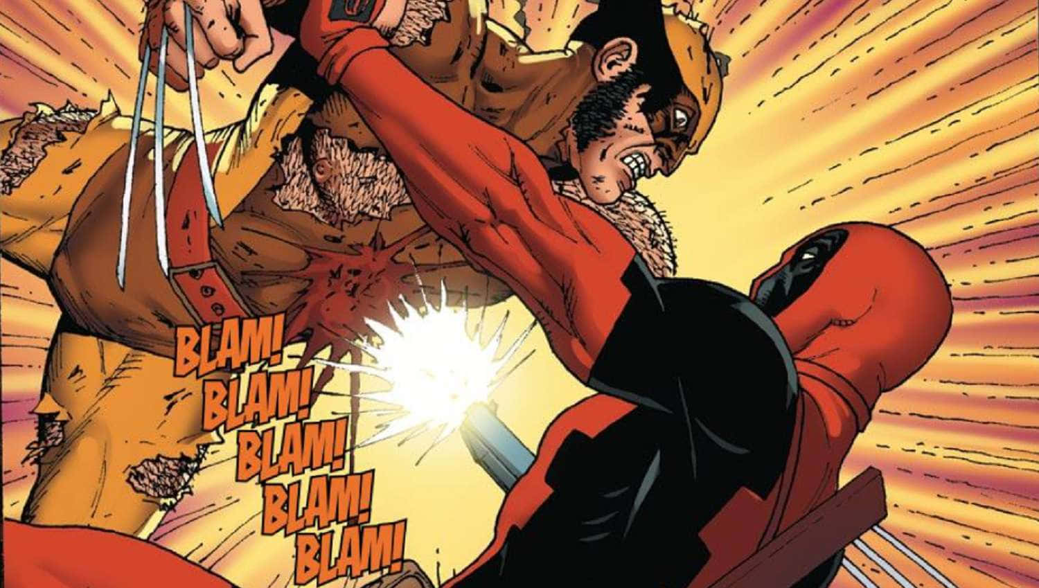 Deadpool And Wolverine 桌布 壁紙 — 身穿紅黑戰衣的死侍，在放射狀橙色背景前，用伸出的利爪拳打身穿黃棕色服裝的金鋼狼。
