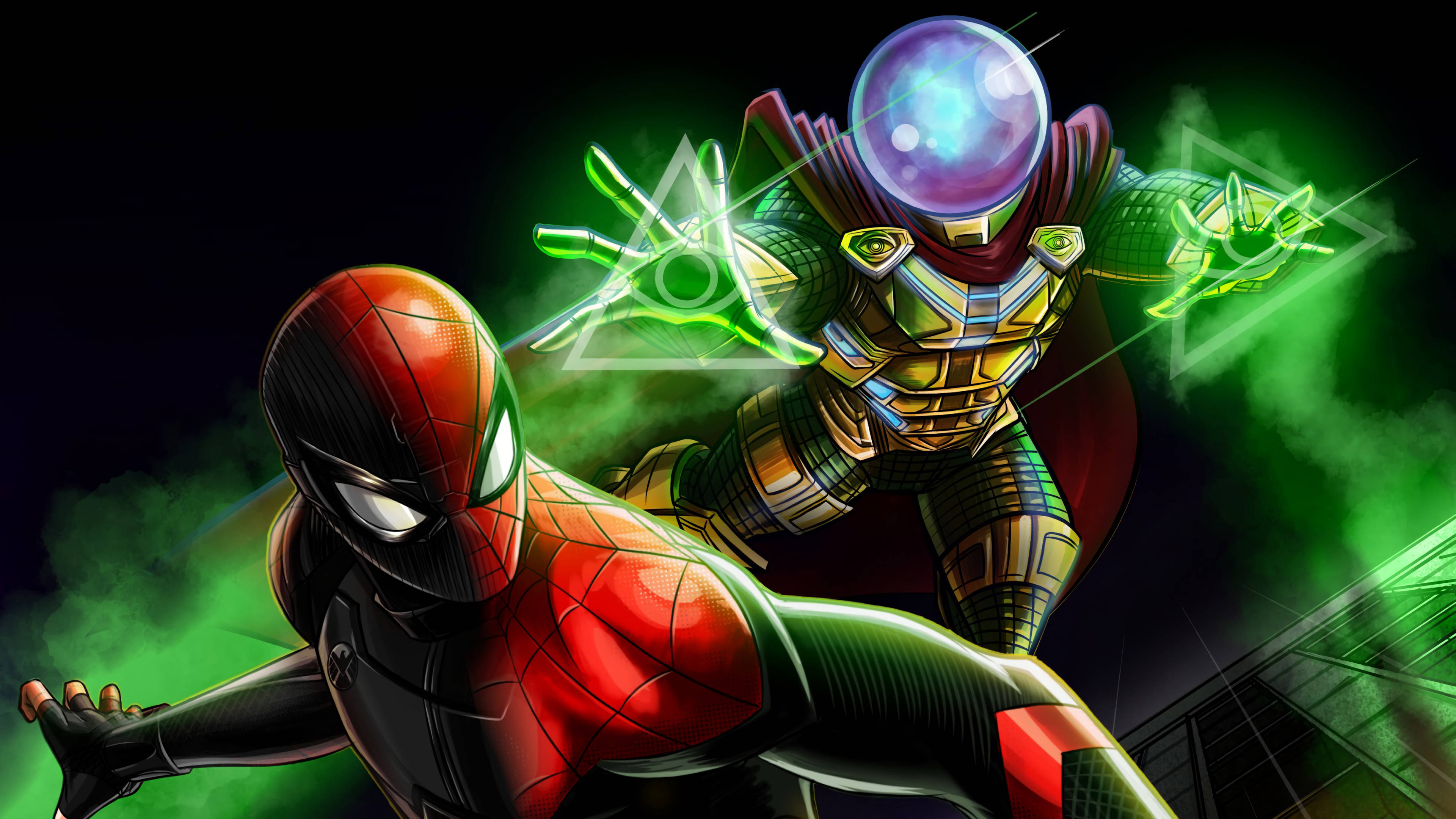 Mysterio 桌布 壁紙 — 身穿紅黑戰衣的蜘蛛人在黑暗背景下與發射綠色能量和煙霧的八爪博士對峙。