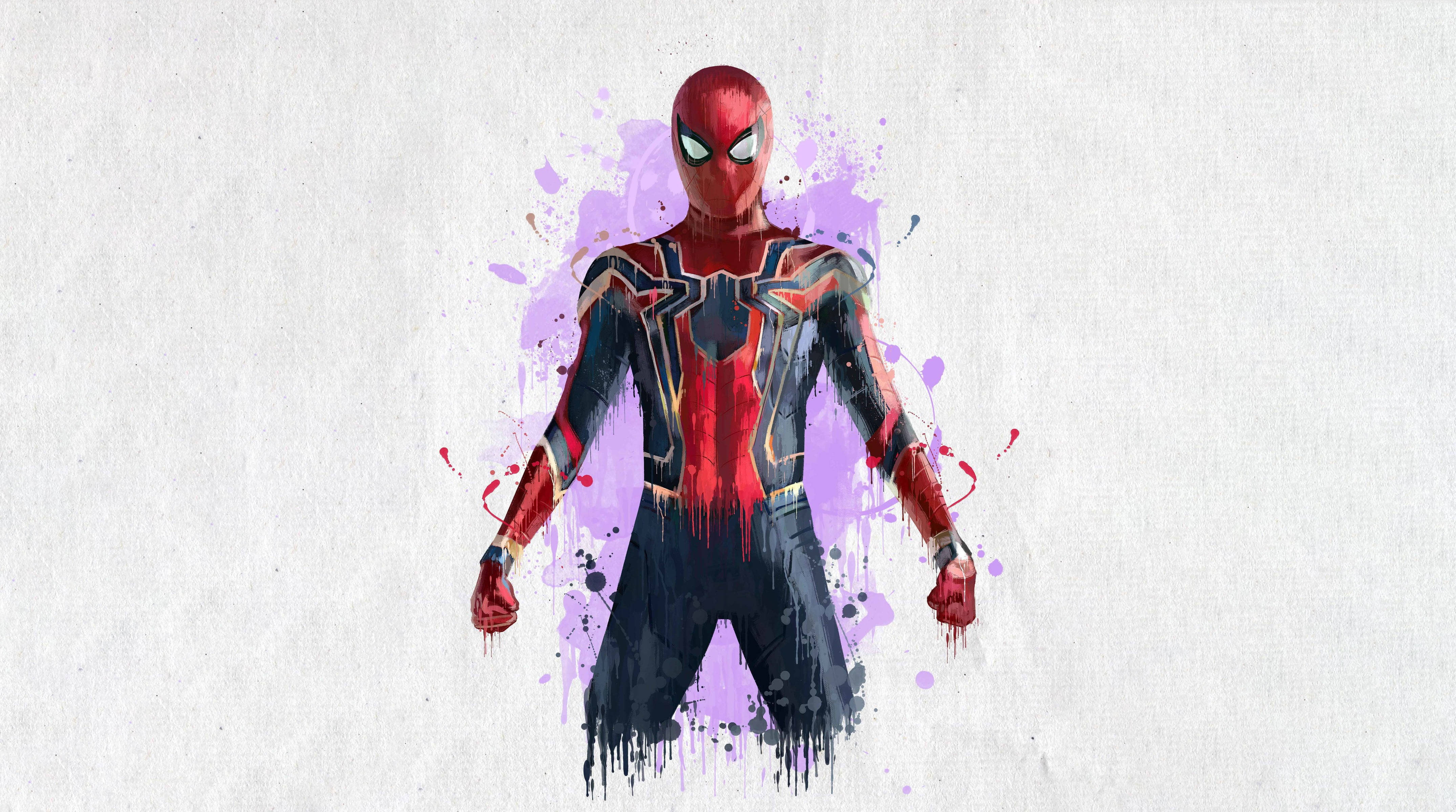 Marvel Avengers 桌布 壁紙 — 身穿紅黑戰衣的蜘蛛人英雄式地站在帶有紋理的白色背景前，背景上有鮮豔的紫色和紅色油漆飛濺。