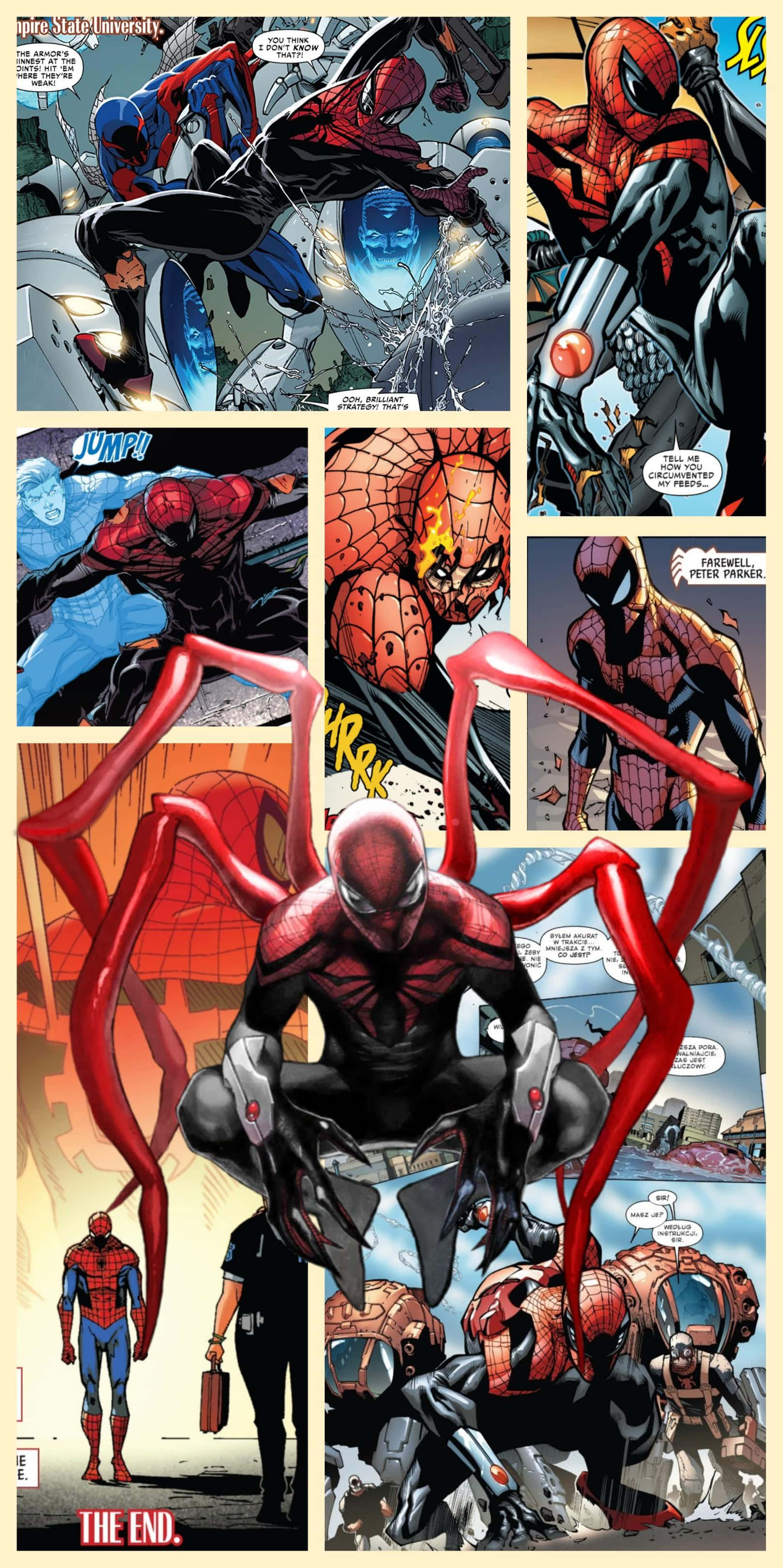 Superior Spider-man 桌布 壁紙 — 身穿紅黑戰衣的蜘蛛俠在漫畫格中與敵人戰鬥，展現動感十足的動作和大膽的漫畫藝術。