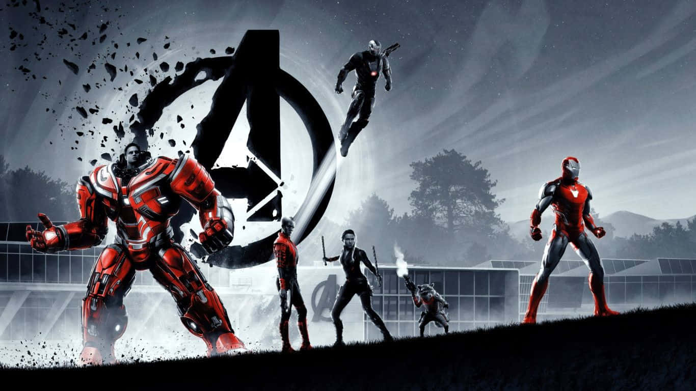 1366x768 Marvel 桌布 壁紙 — 身穿紅黑盔甲的復仇者聯盟在暴風雨的天空下，以破碎的復仇者聯盟標誌為背景，英勇地站立著。