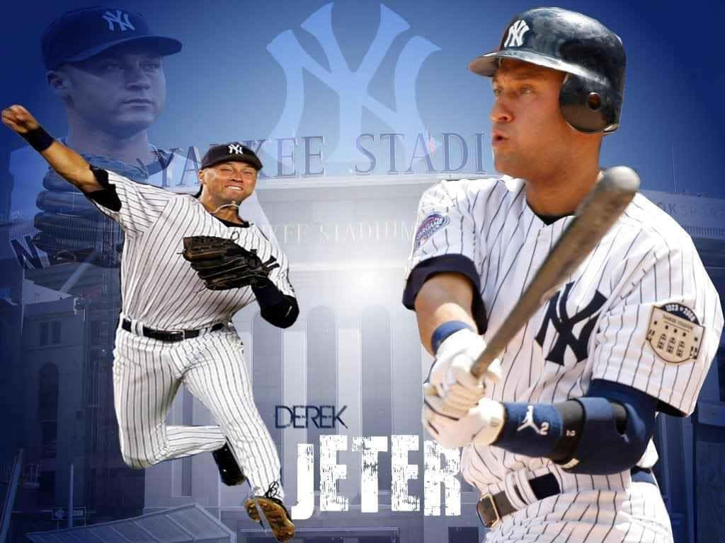 Derek Jeter 桌布 壁紙 — 身穿紐約洋基隊球衣的Derek Jeter，手持球棒和手套，在球場背景下動態擺姿勢。
