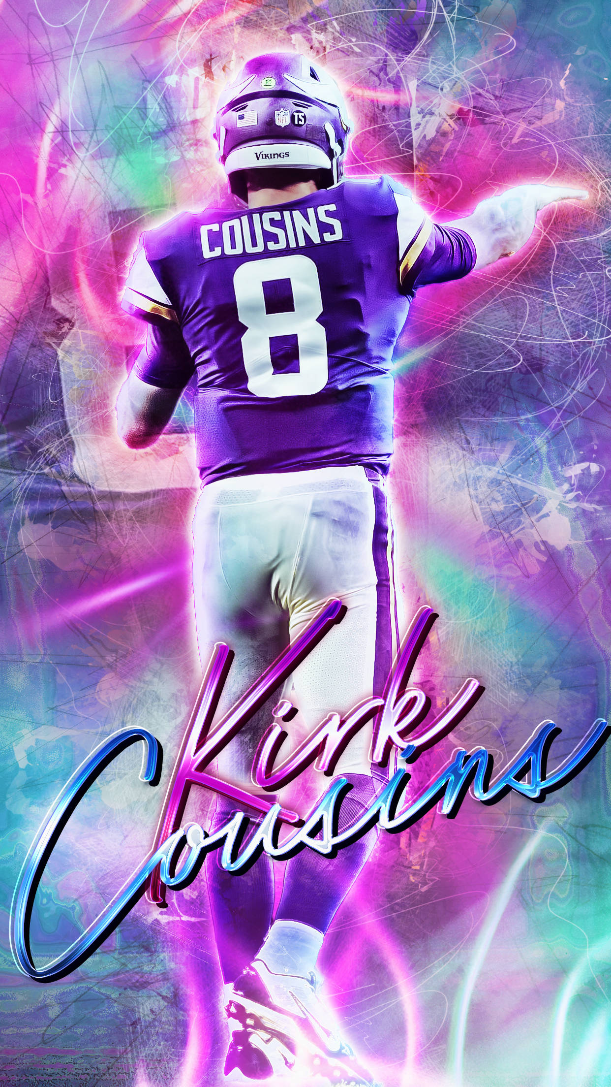Kirk Cousins 桌布 壁紙 — 身穿紫色8號球衣的足球員Kirk Cousins在充滿活力的霓虹能量漩渦和發光光線的逆光中站立。