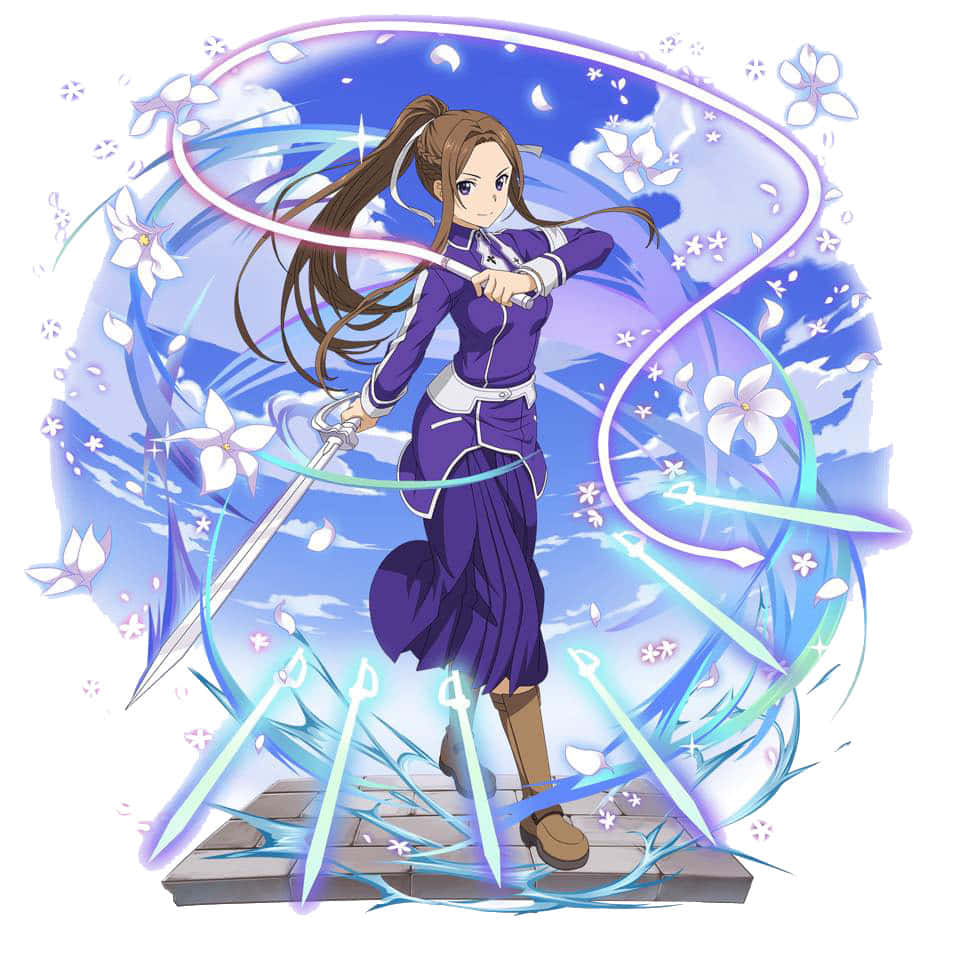 Sortiliena Serlut 桌布 壁紙 — 身穿紫色服裝的動漫女孩在星空背景下，於旋轉的藍色能量和白色花朵中揮舞著發光的劍。