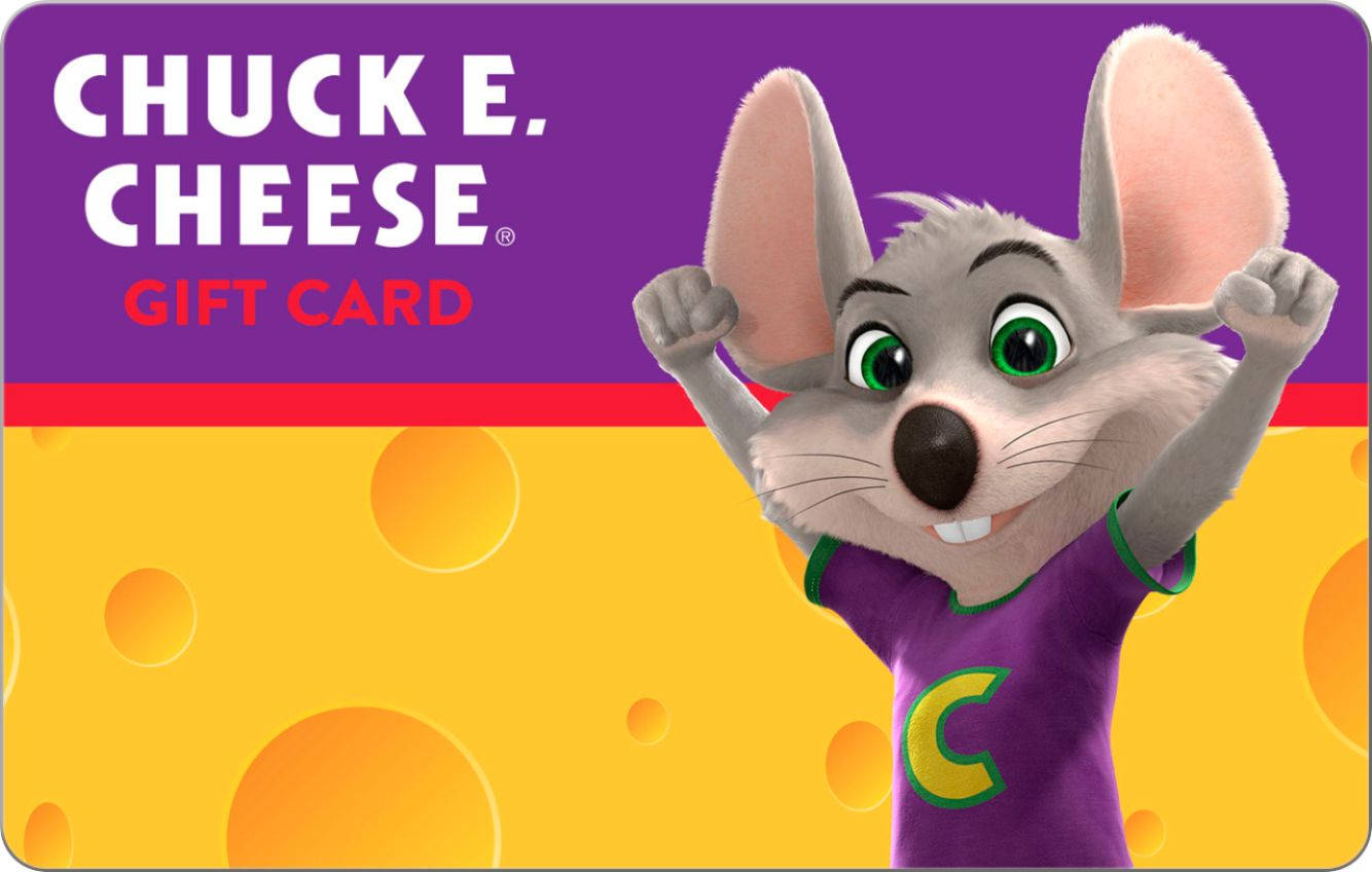 E 桌布 壁紙 — 身穿紫色襯衫的Chuck E. Cheese吉祥物在紫色和黃色起司主題背景前舉起拳頭歡呼。