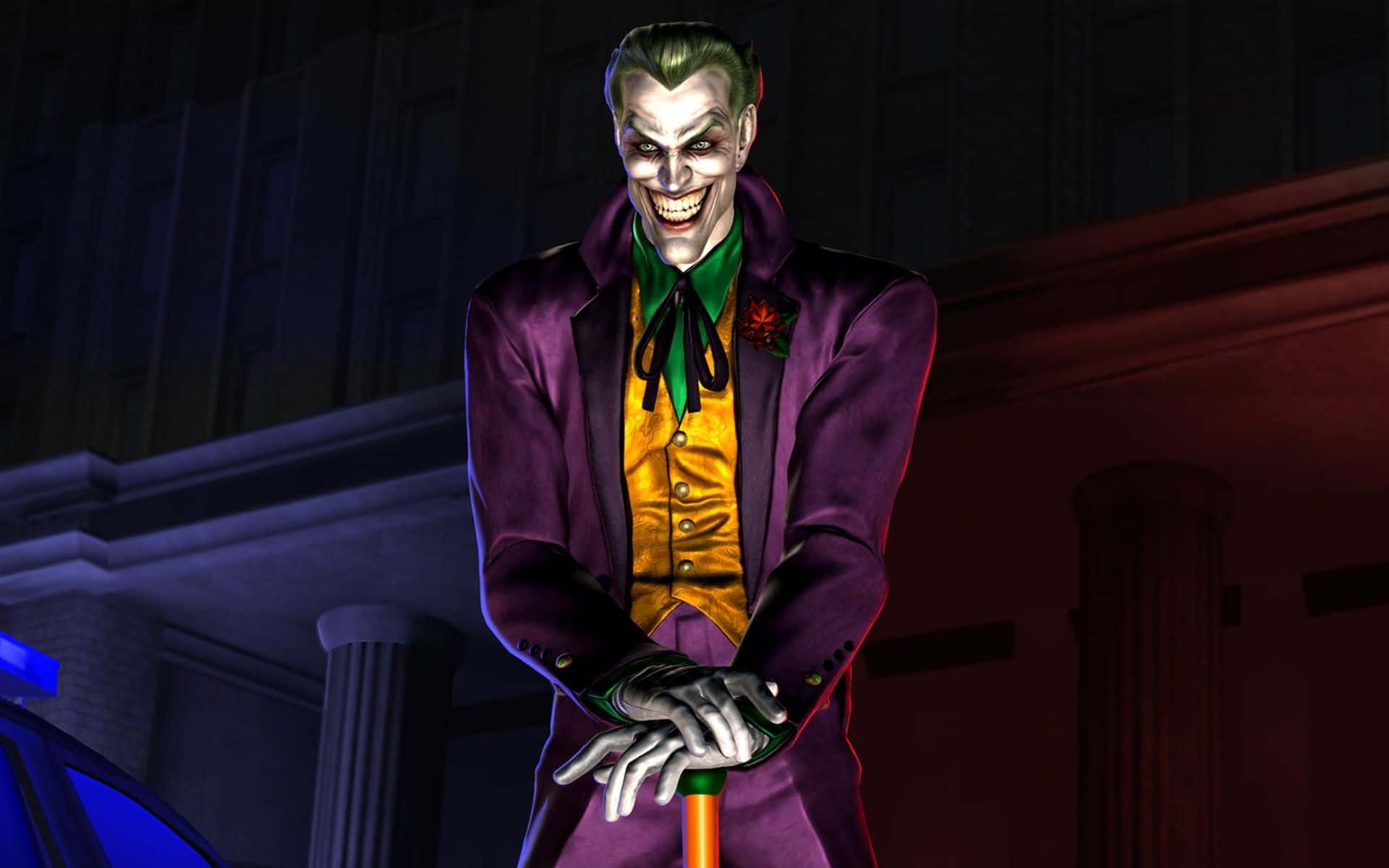 Mortal Kombat Vs Dc Universe 桌布 壁紙 — 身穿紫色西裝的小丑在黑暗的城市背景下，帶著發光的藍色點綴，狂笑不止。