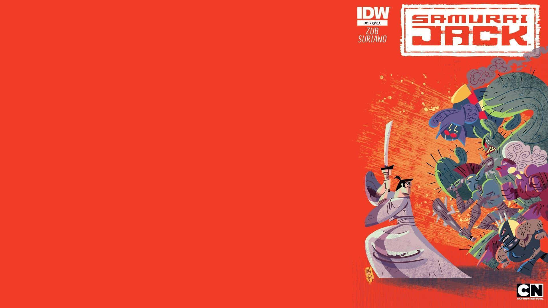 samurai jack 桌布 壁紙 — 身穿紫色長袍的武士傑克在熾熱的橙色背景下揮劍對抗怪物般的敵人。
