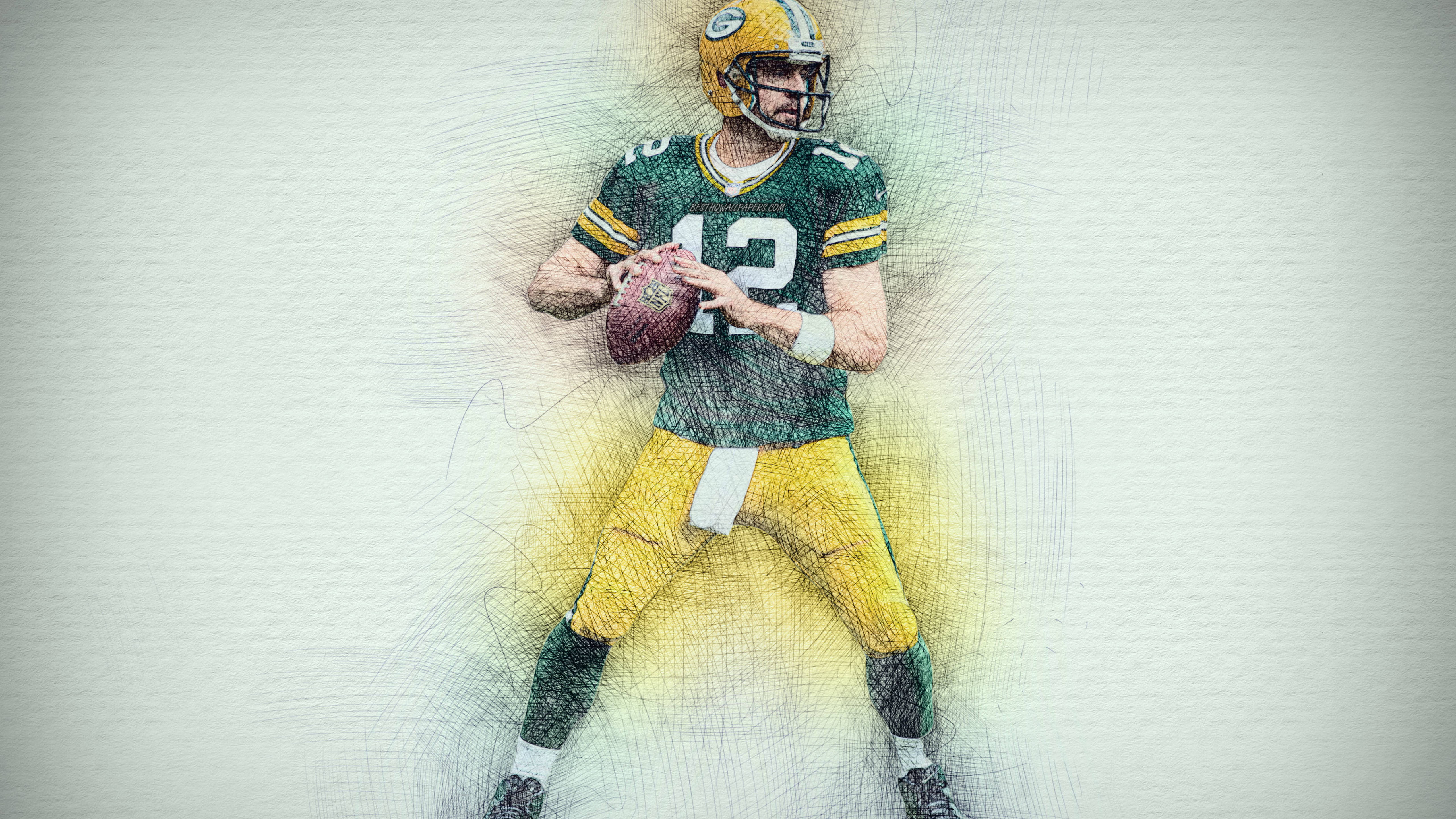 Aaron Rodgers 桌布 壁紙 — 身穿綠色和黃色制服的美式足球四分衛在帶有動態動作線條的素描風格插圖中手持球。