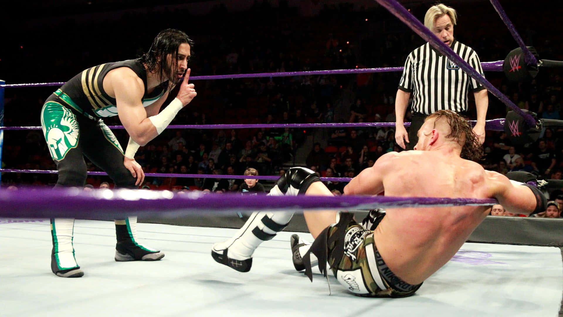 WWE 桌布 壁紙 — 身穿綠色和黑色裝備的摔角手站在擂台上倒下的對手之上，裁判注視著，觀眾歡呼。