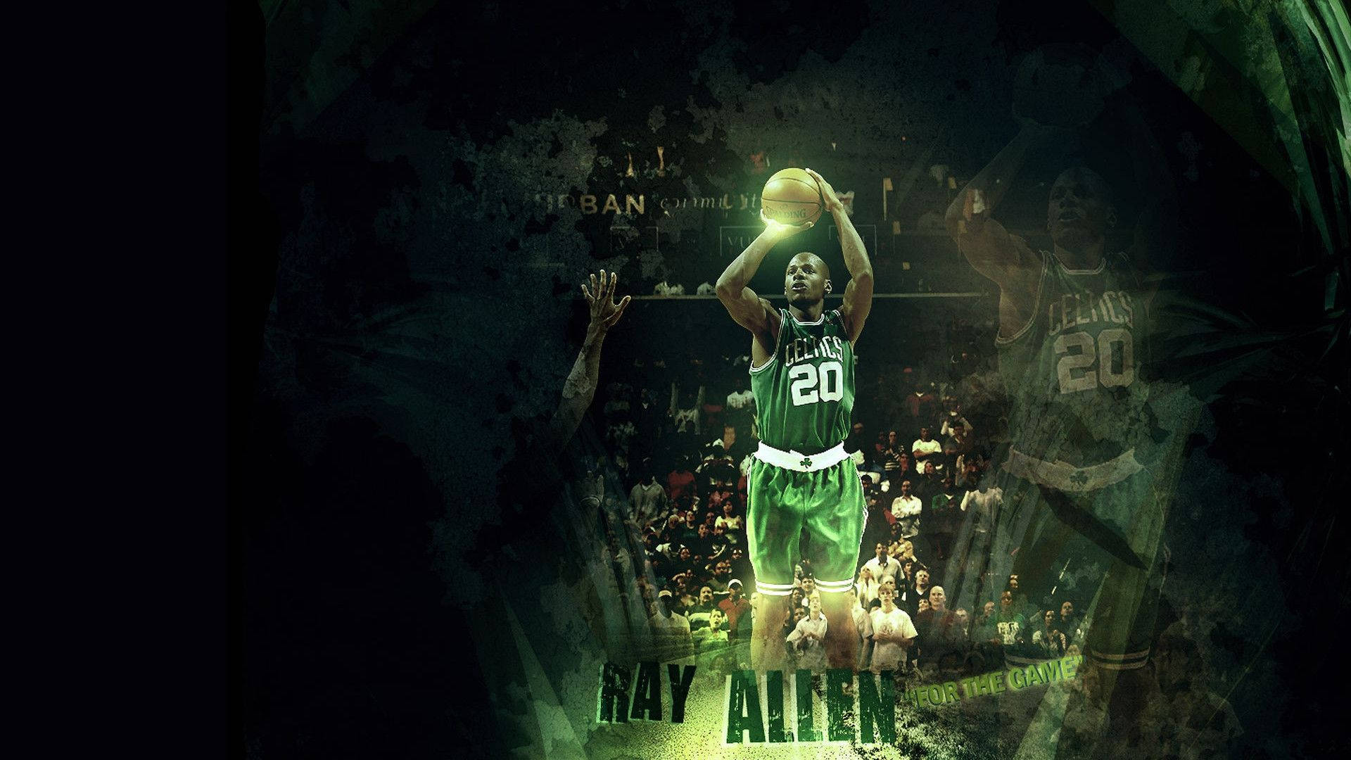 籃球 桌布 壁紙 — 身穿綠色塞爾提克球衣的Ray Allen在戲劇性的綠色燈光下，伴隨著人群和幽靈般的疊加效果投籃。
