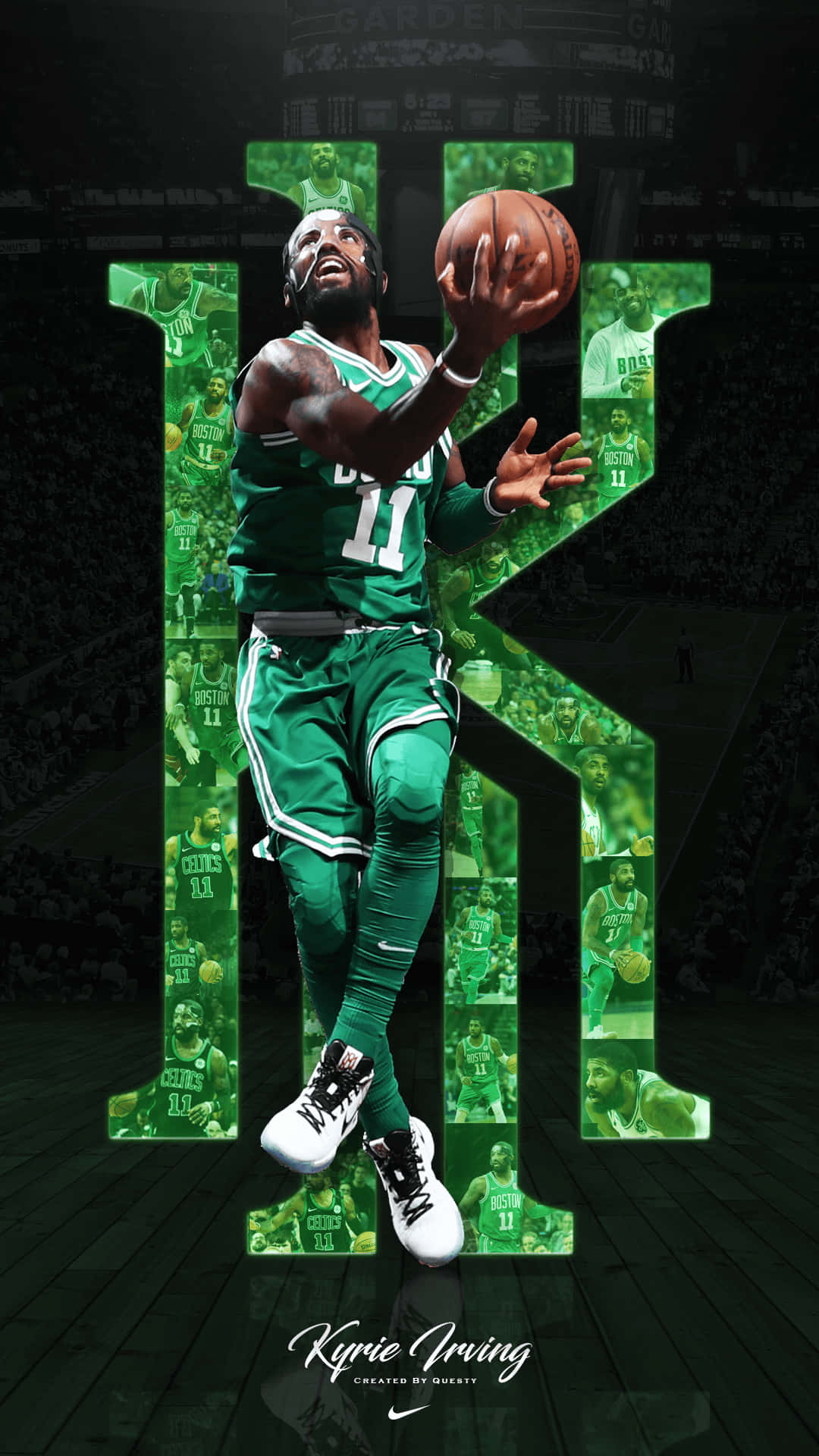 桌布 壁紙 — 身穿綠色塞爾提克球衣的籃球運動員凱里·厄文（Kyrie Irving）動態跳躍，手持籃球，被一個巨大的發光綠色「K」框住，裡面充滿了他的動作照片。