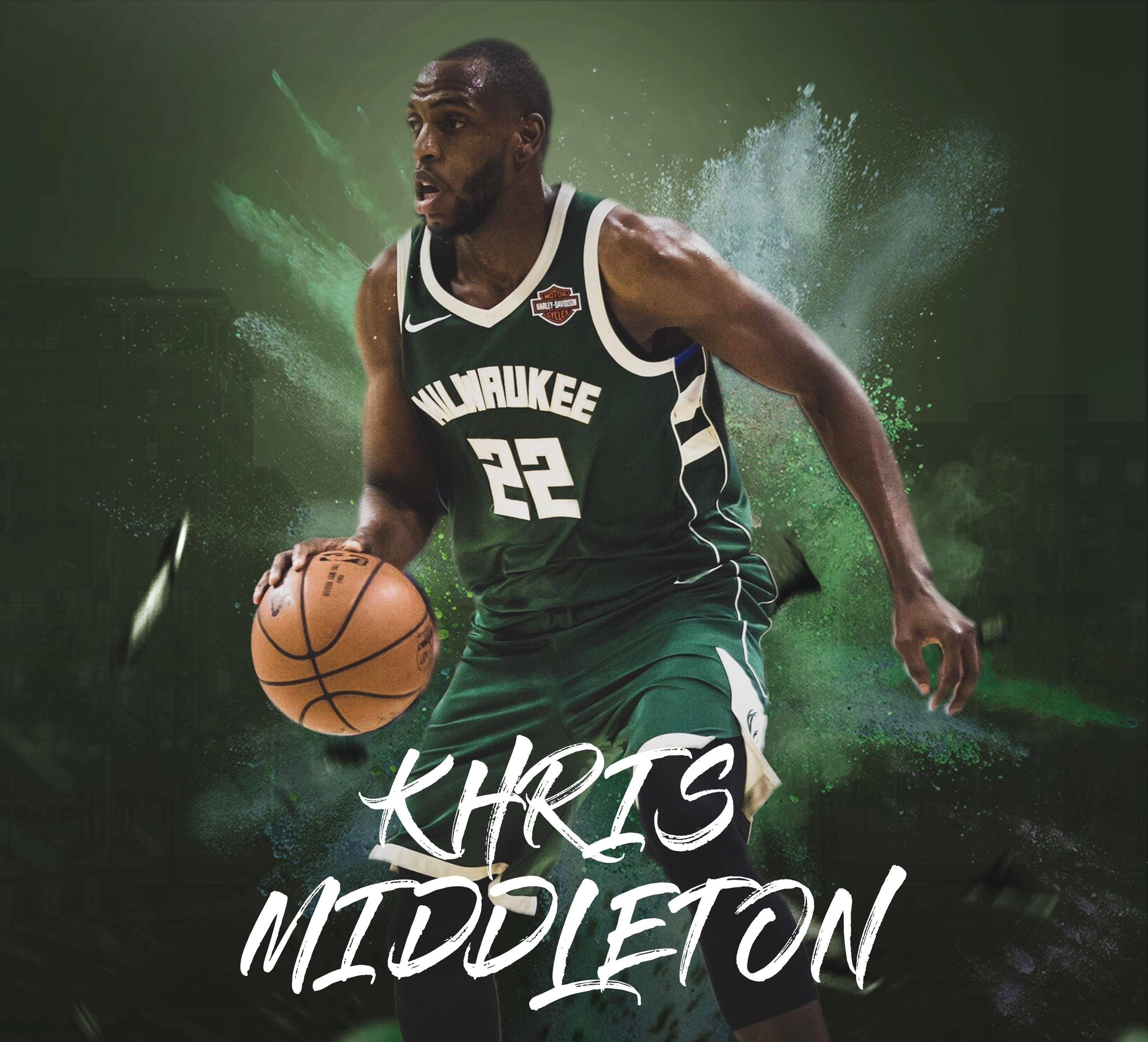 Khris Middleton 桌布 壁紙 — 身穿綠色密爾沃基球衣的籃球運動員Khris Middleton在背後有動態綠色粉末爆炸的情況下運球。