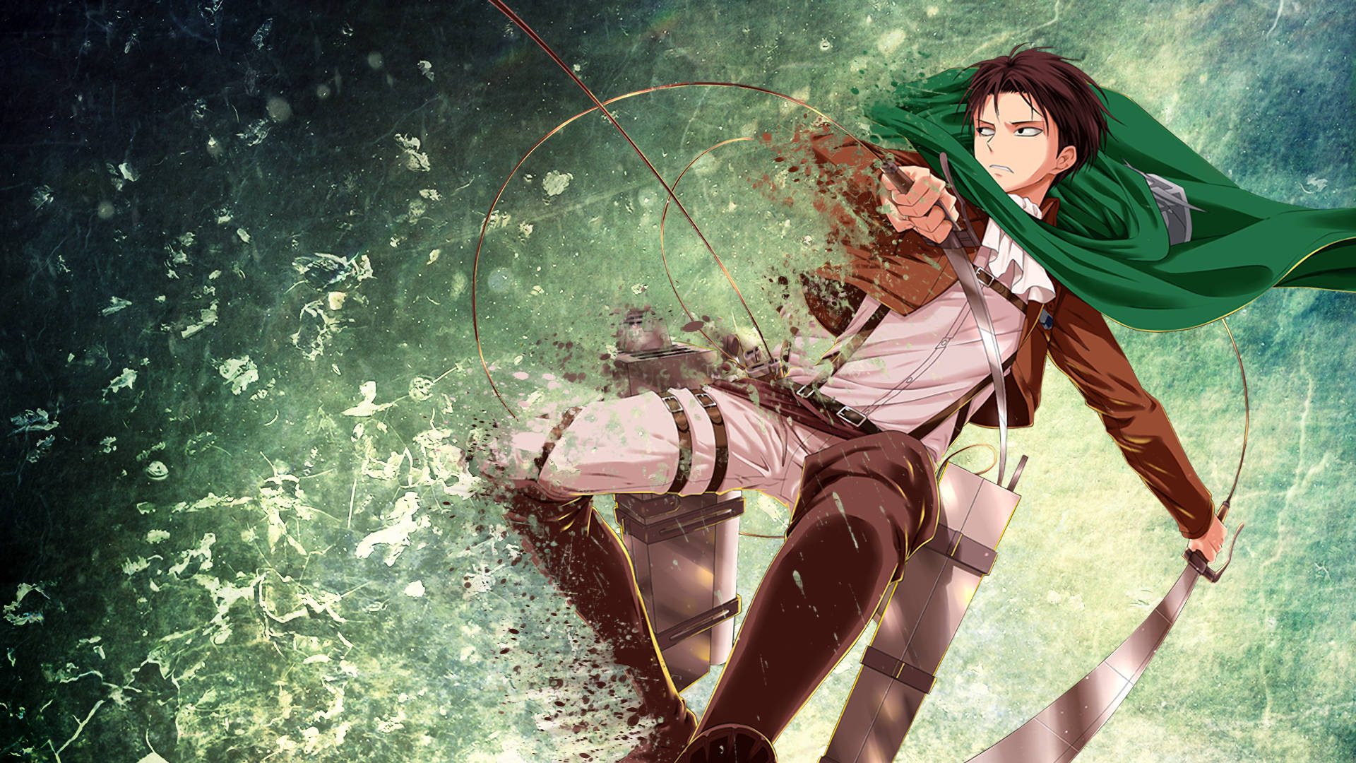 levi aesthetic 桌布 壁紙 — 身穿綠色斗篷和裝備的動漫戰士，在碎片飛揚的旋轉綠色戰場上動態跳躍。