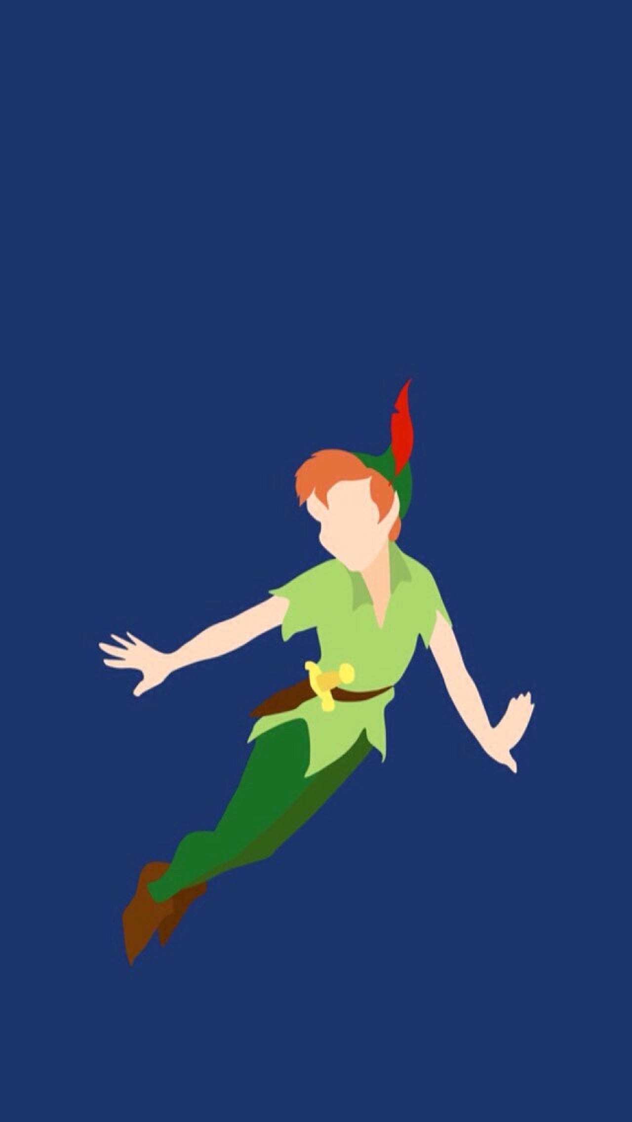 Peter Pan 桌布 壁紙 — 身穿綠色服裝、頭戴紅色羽毛帽的小飛俠彼得潘，張開雙臂在深藍色的天空中滑翔。