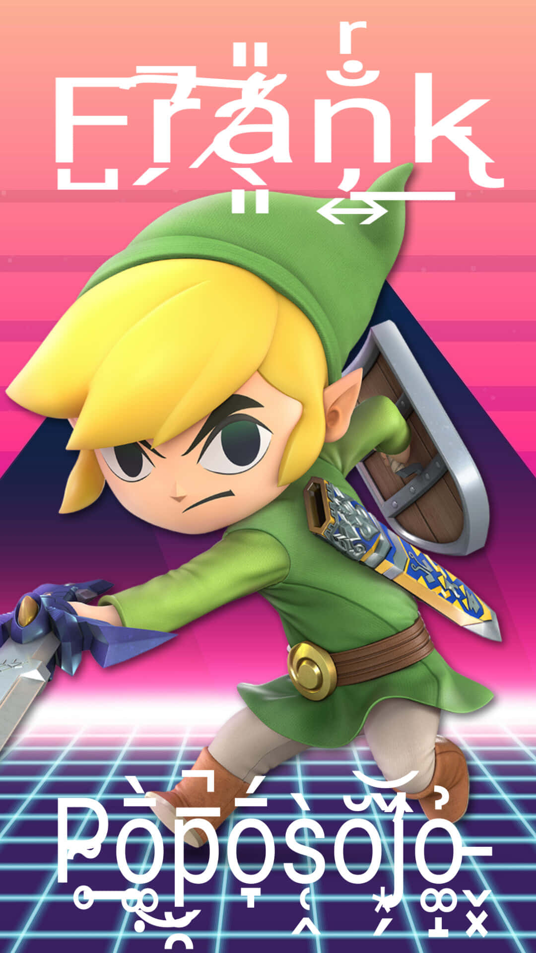 Toon Link 桌布 壁紙 — 身穿綠色束腰外衣和帽子的Q版林克在充滿活力的粉紅色和藍色網格背景上揮舞劍和盾牌，並帶有風格化文字。