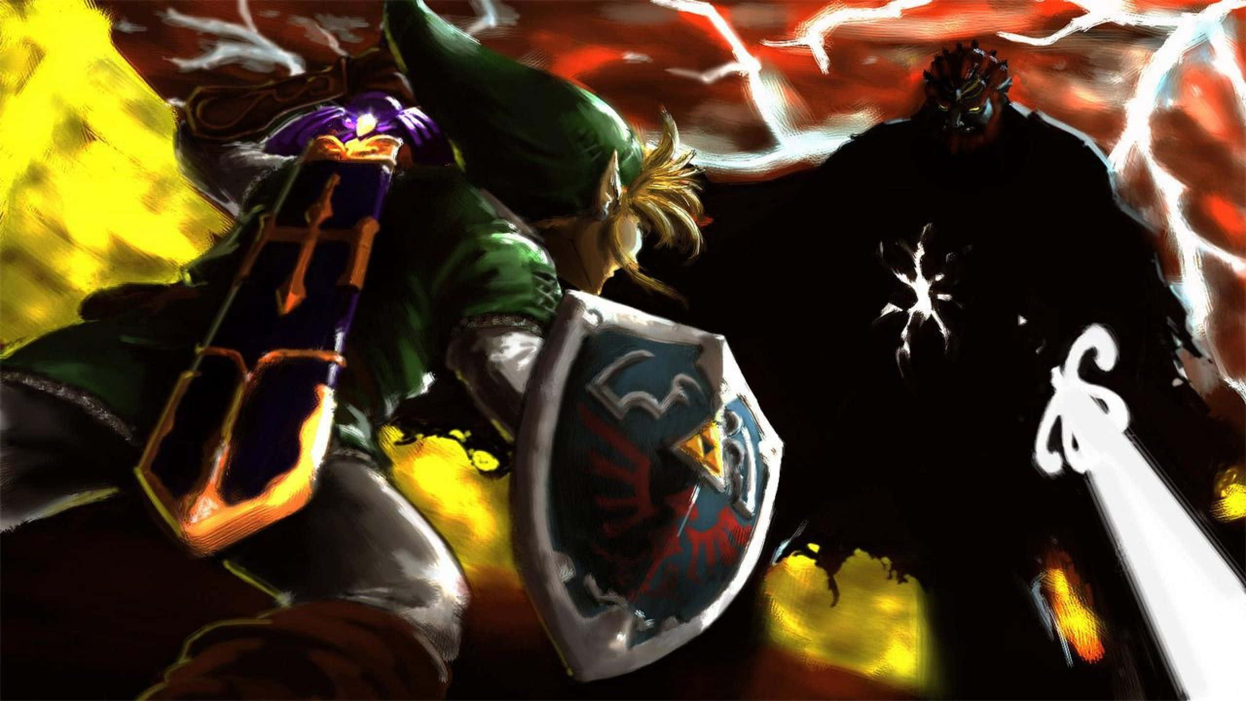 Ganondorf 桌布 壁紙 — 身穿綠色束腰外衣和帽子的林克，在火紅和黃色的天空下，與一個手持發光劍和盾牌的黑暗陰影人物戰鬥。