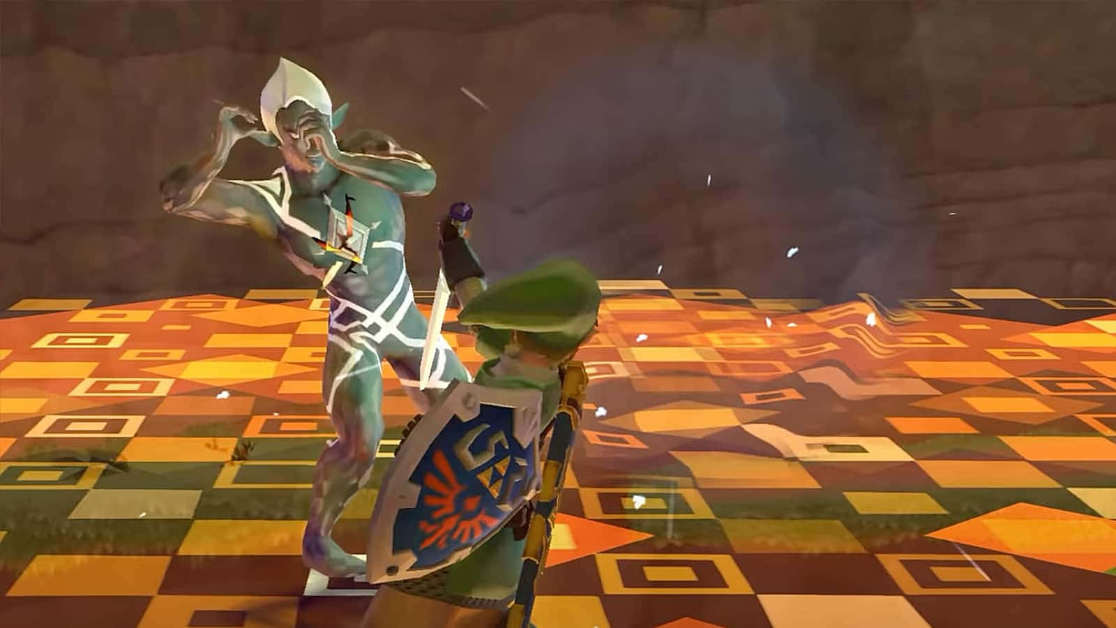 The Legend Of Zelda Ghirahim 桌布 壁紙 — 身穿綠色束腰外衣和盾牌的林克在火焰幾何圖案房間中面對發光的藍色裝甲敵人。