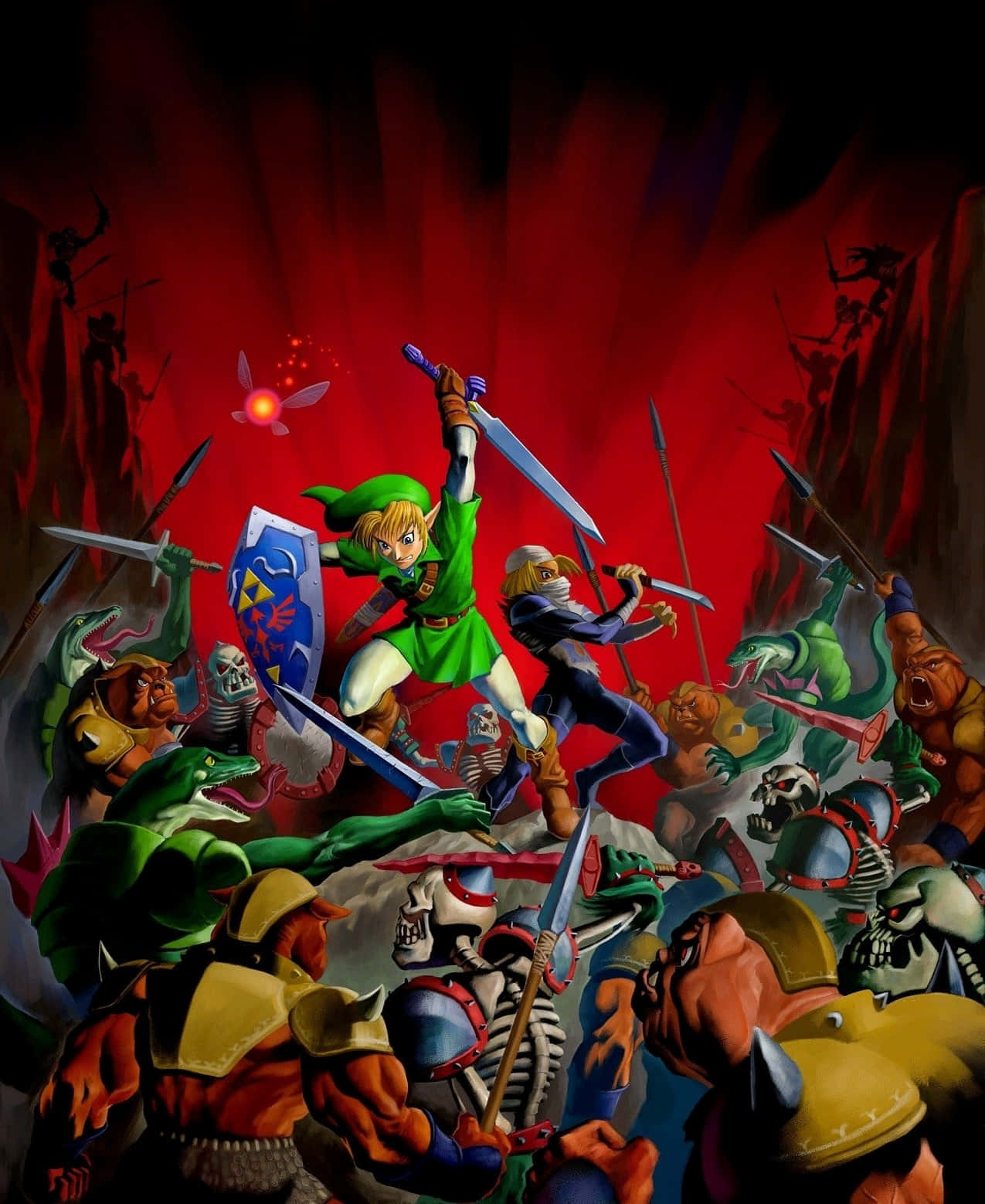 The Legend Of Zelda Characters 桌布 壁紙 — 身穿綠色束腰外衣的林克在熾熱的紅色背景下用劍和盾牌與裝甲敵人作戰。