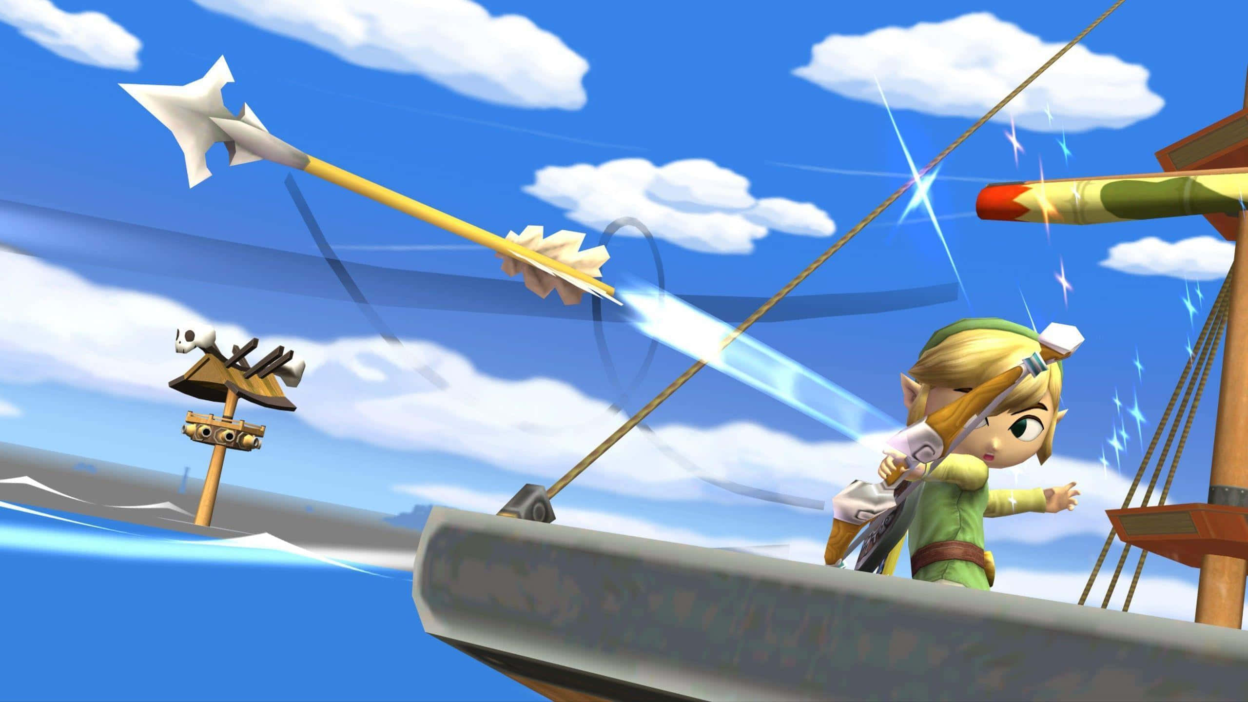 The Legend Of Zelda The Wind Waker 桌布 壁紙 — 身穿綠色束腰外衣的林克在船甲板上，對著藍天白雲射出發光的箭。