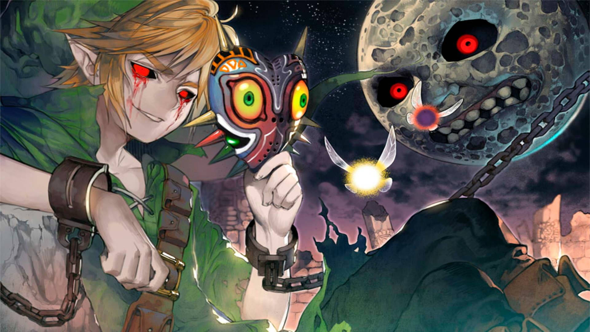 Majora's Mask 桌布 壁紙 — 身穿綠色束腰外衣的林克手持彩色面具，面對著被鎖鏈束縛、眼睛發出紅光的月亮，背景是星空。
