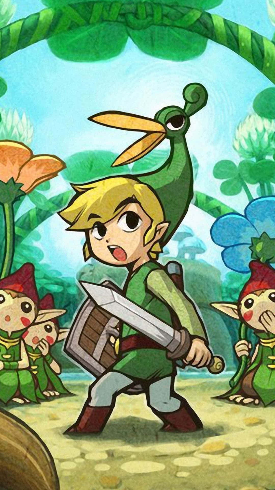 Toon Link 桌布 壁紙 — 身穿綠色束腰外衣的林克揮舞劍盾，一個驚訝的鳥頭生物在他肩後窺視，背景是充滿活力的卡通森林。