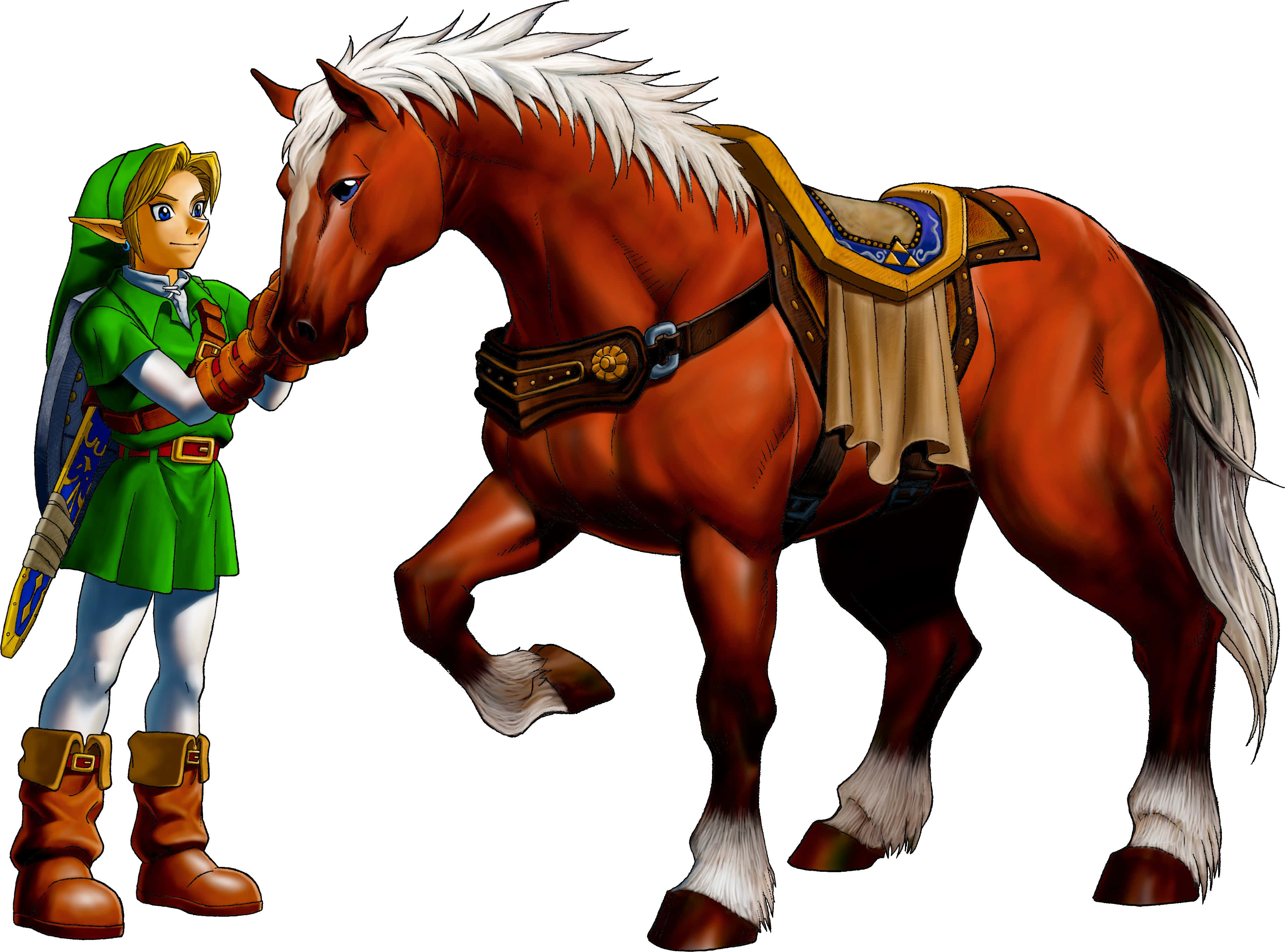 The Legend Of Zelda Epona 桌布 壁紙 — 身穿綠色束腰外衣的林克輕輕撫摸一匹棕色馬匹，馬匹有白色鬃毛和尾巴，並佩戴華麗的馬鞍。
